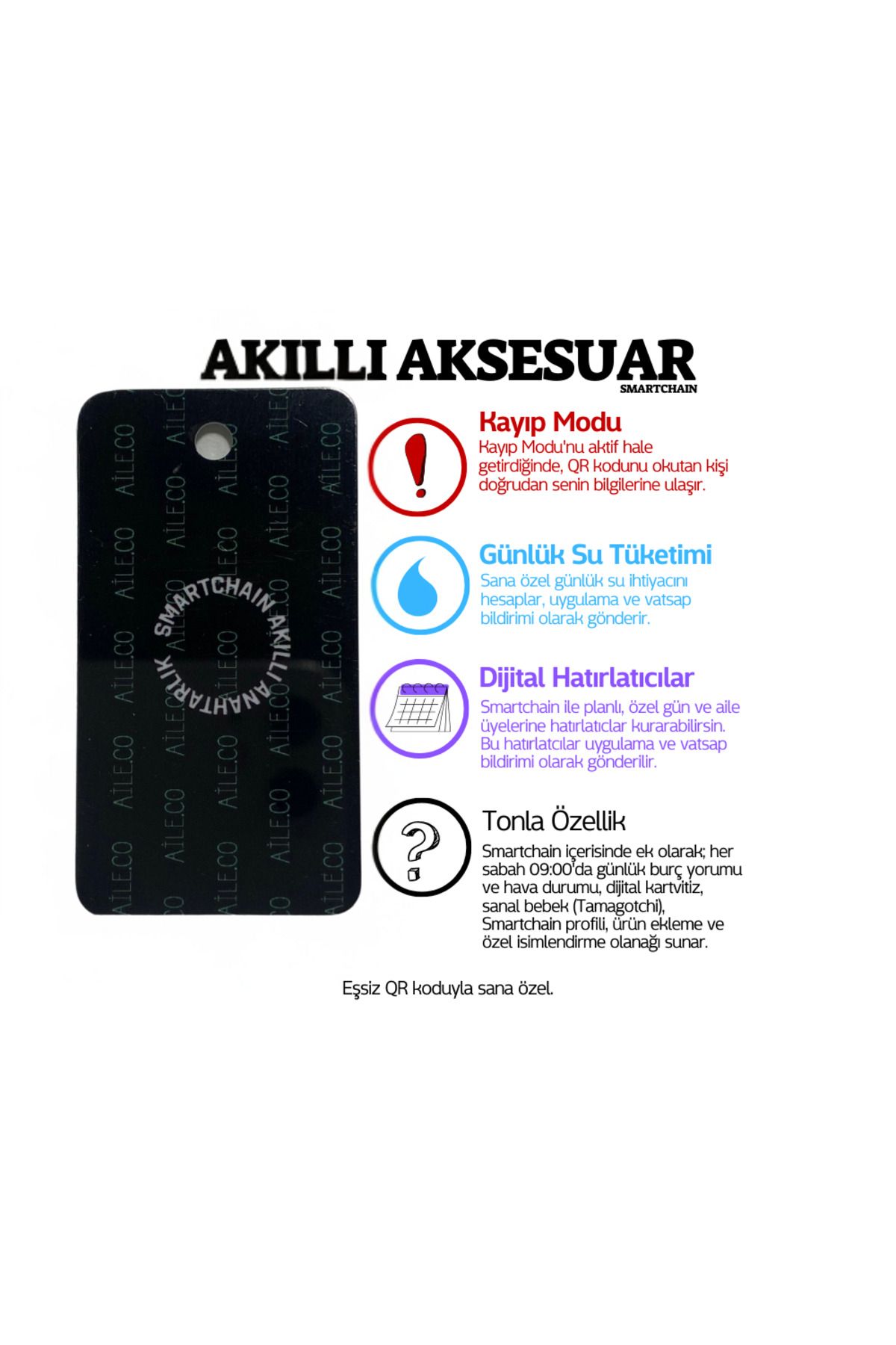 AileCo Smartchain Akıllı Anahtarlık Akesuar Siyah Kaybolmaz Dijital Hatırlatıcı Kartvizit Kişiye Özel