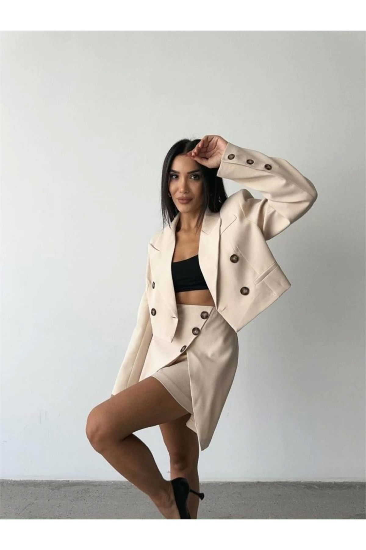 Kaplan DÜĞME DETAYLI ETEK - CROP CEKET TAKIM - Taş