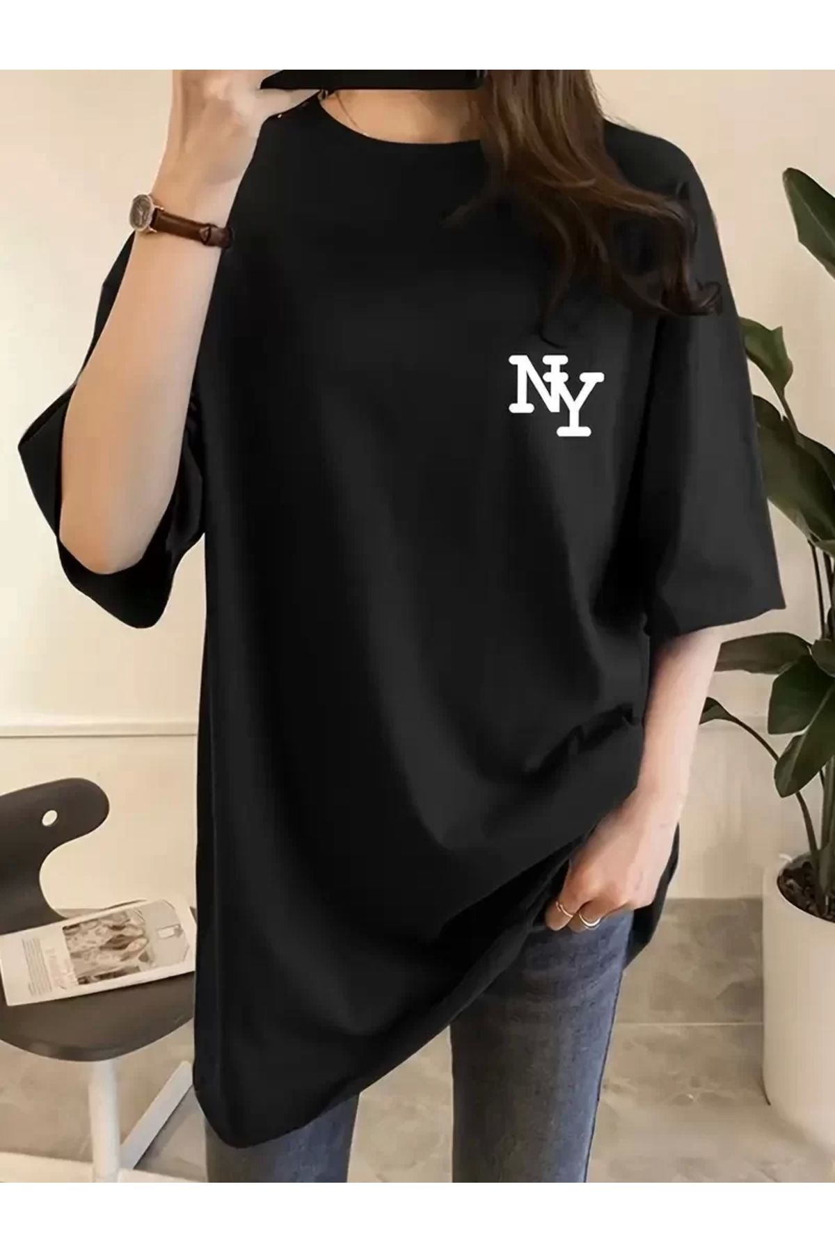 AE Stil Kadın Eğlenceli Harf NY Baskılı Bisiklet Yaka Tişört - Rahat Polyester, Makinede Yıkanabilir - Yaz v