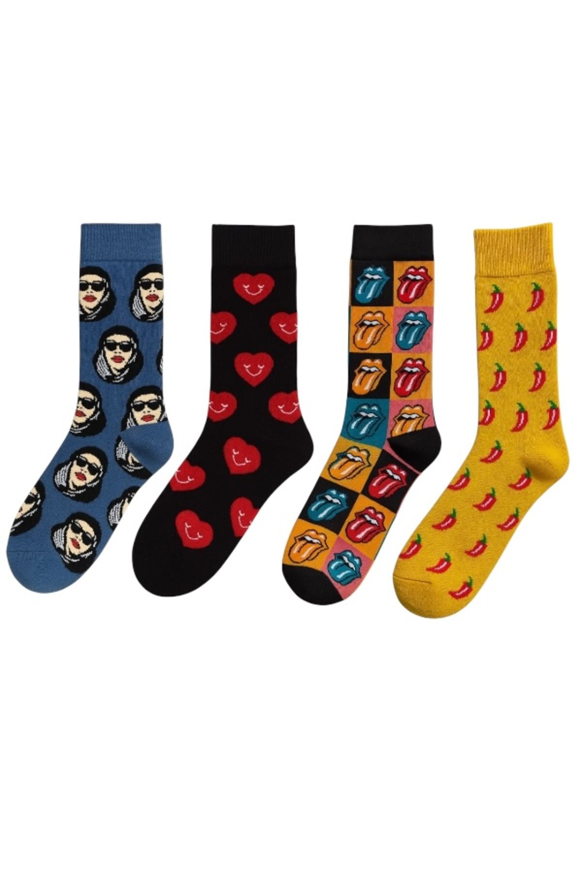 Goma Goma Socks Desenli Figürlü 4 lü Renkli Eğlenceli Unisex Çorap Seti Kadın Yüz Kalp Dudak Biber Temalı Kombin