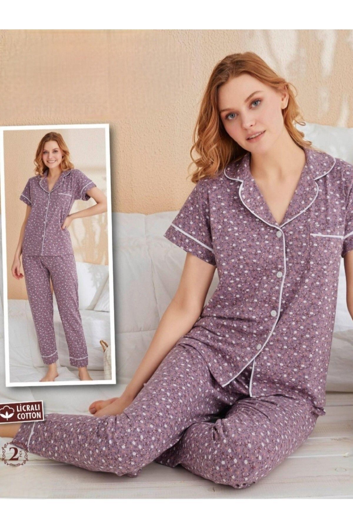 Modamorfo Tek Cepli Çiçekli Düğmeli Kısa Kollu Pijama Takımı -Leylak