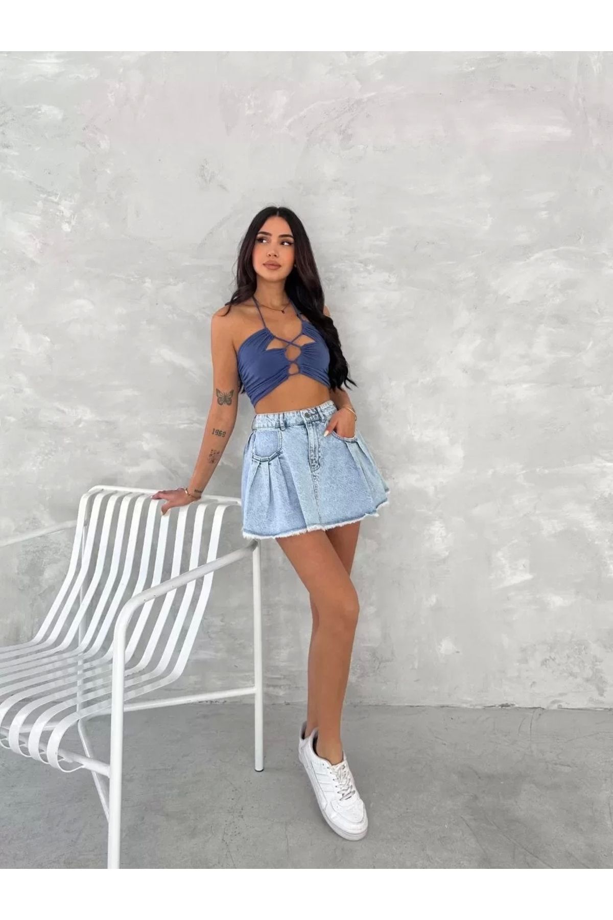 AE Stil Şık Pileli Yazlık Mini Etekli Kot- Açık Mavi