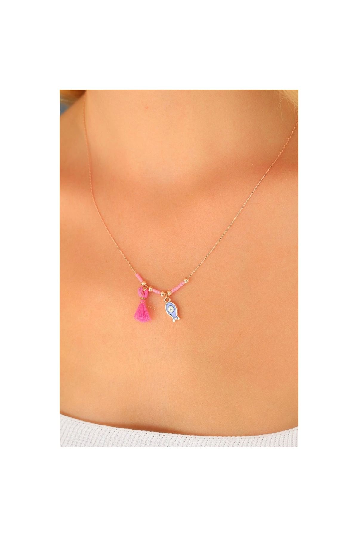 Marsilyan Nazar Boncuklu Pembe Renk Taşlı Rose Kolye - TJ-BKO4372