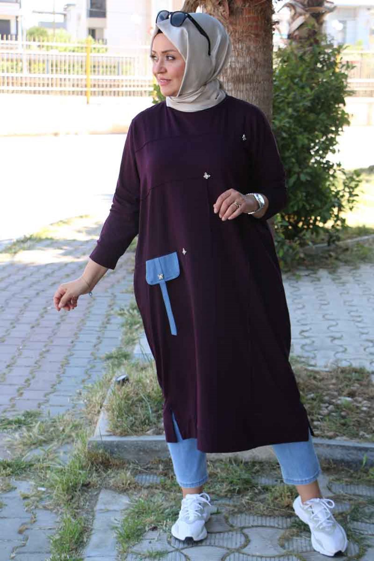 Eslina 58002 Büyük Beden Önü Çima Detaylı Penye Tunik - Mor