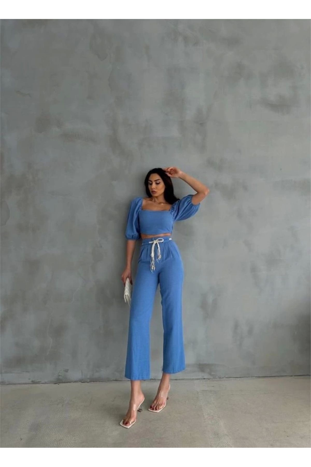 Kaplan KETEN CROP KARPUZ KOL BLUZ-PANTOLON HASIR KEMERLİ - Mavi