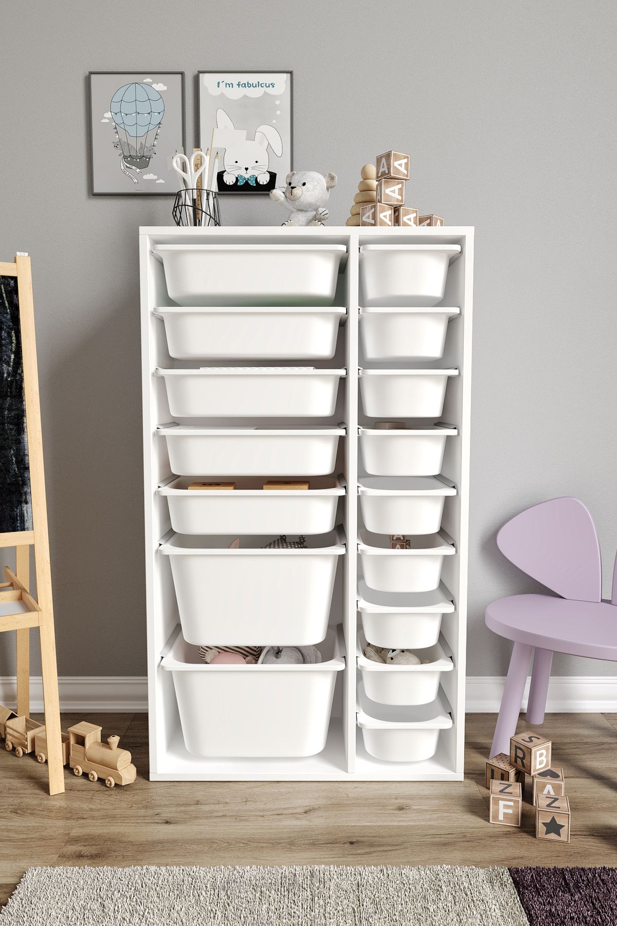 %100 MDF - XL Duo 16 Sepetli Oyuncak Dolabı