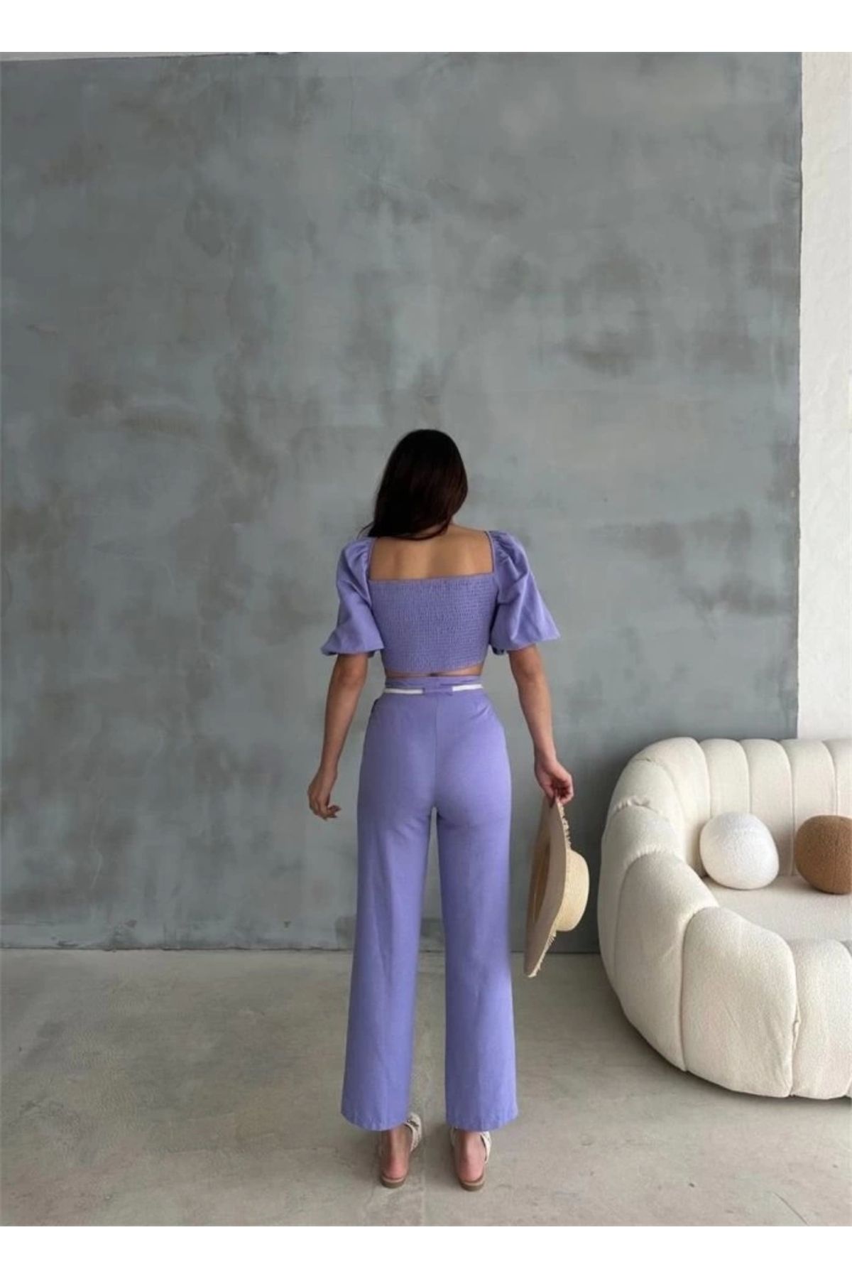 Kaplan KETEN CROP KARPUZ KOL BLUZ-PANTOLON HASIR KEMERLİ - Mor
