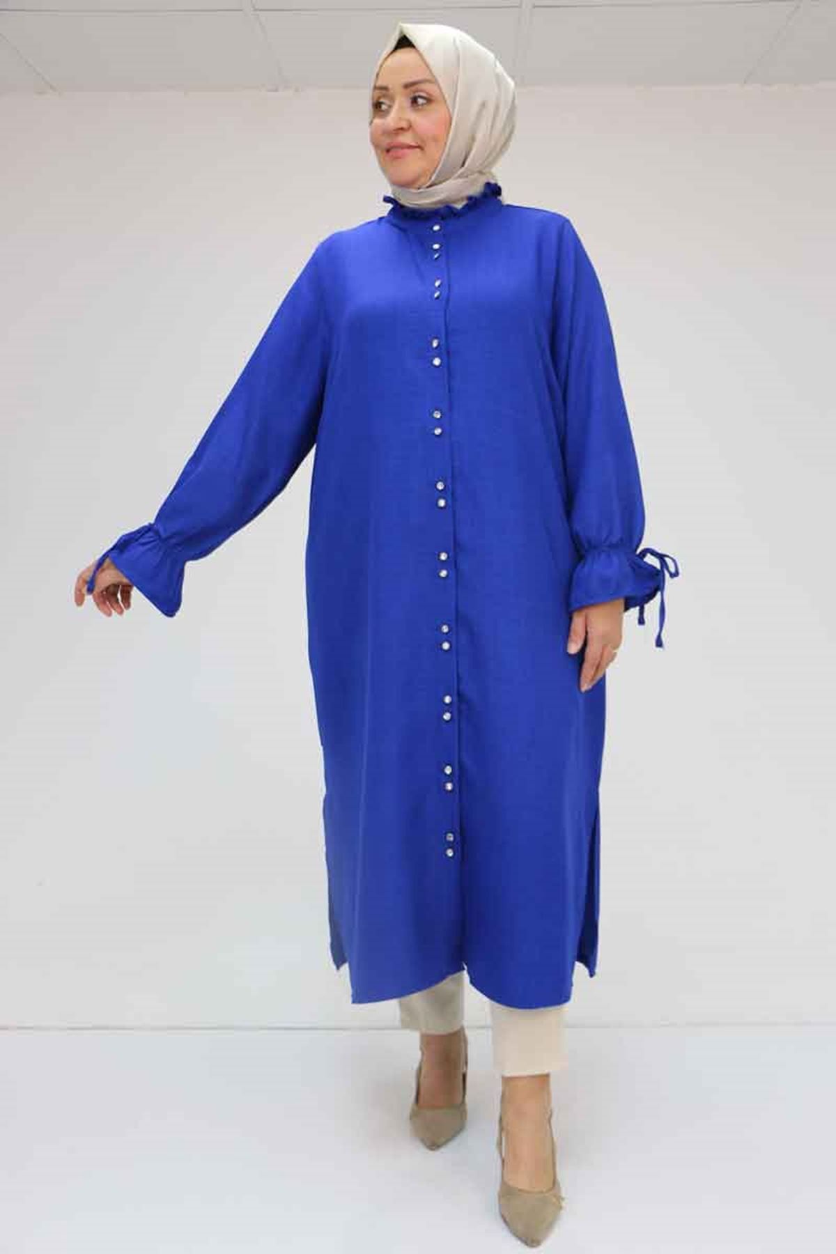 Eslina 58049 Büyük Beden Fırfır Yakalı Keten Tunik - Saks