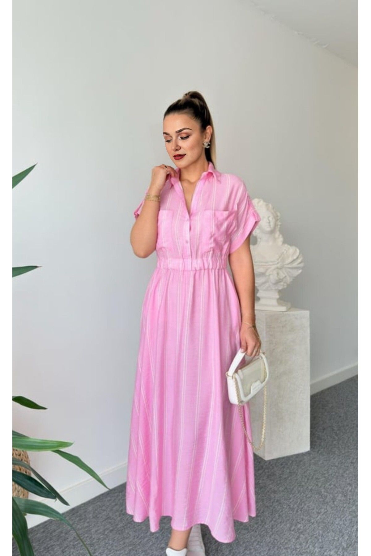 Lovia Yeni sezon TREND Pembe EKRU Çizgili Gömlek elbise