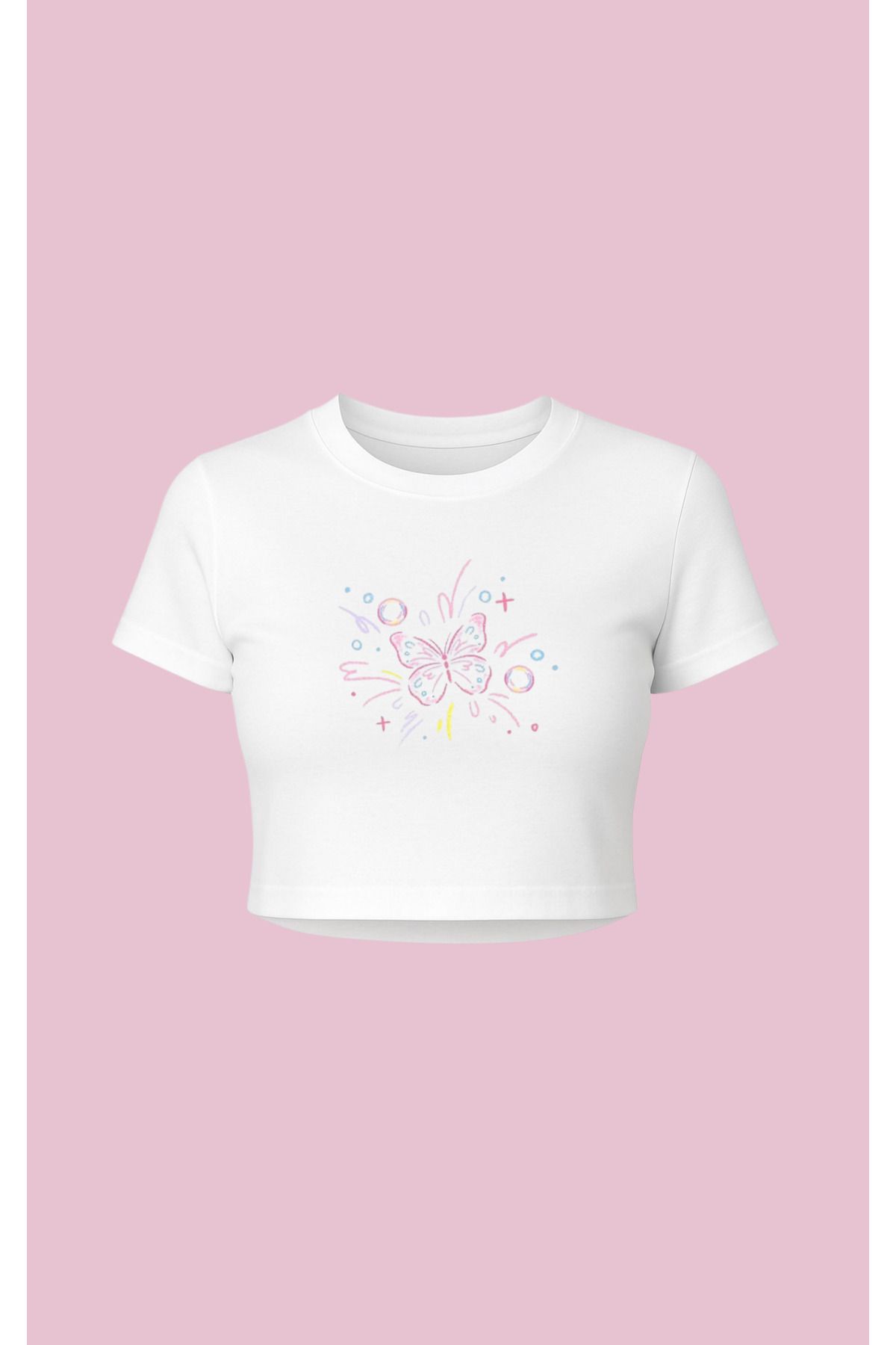 Altair Tr Beyaz Pink Butterfly Baskılı Crop Pinterst Tipi Tşört