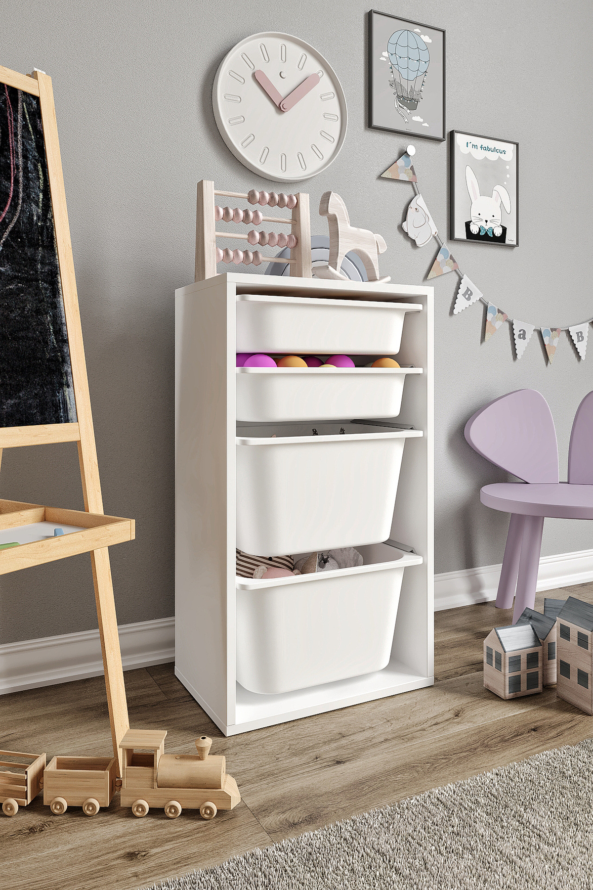 Baby Darling %100 MDF - Small Mono 4 Sepetli Oyuncak Dolabı