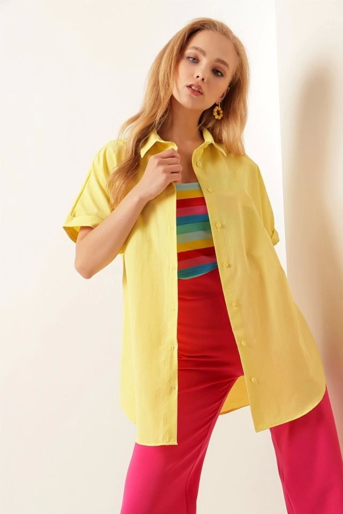 Kaplan 20120 Oversize Kısa Kollu Gömlek - Sarı