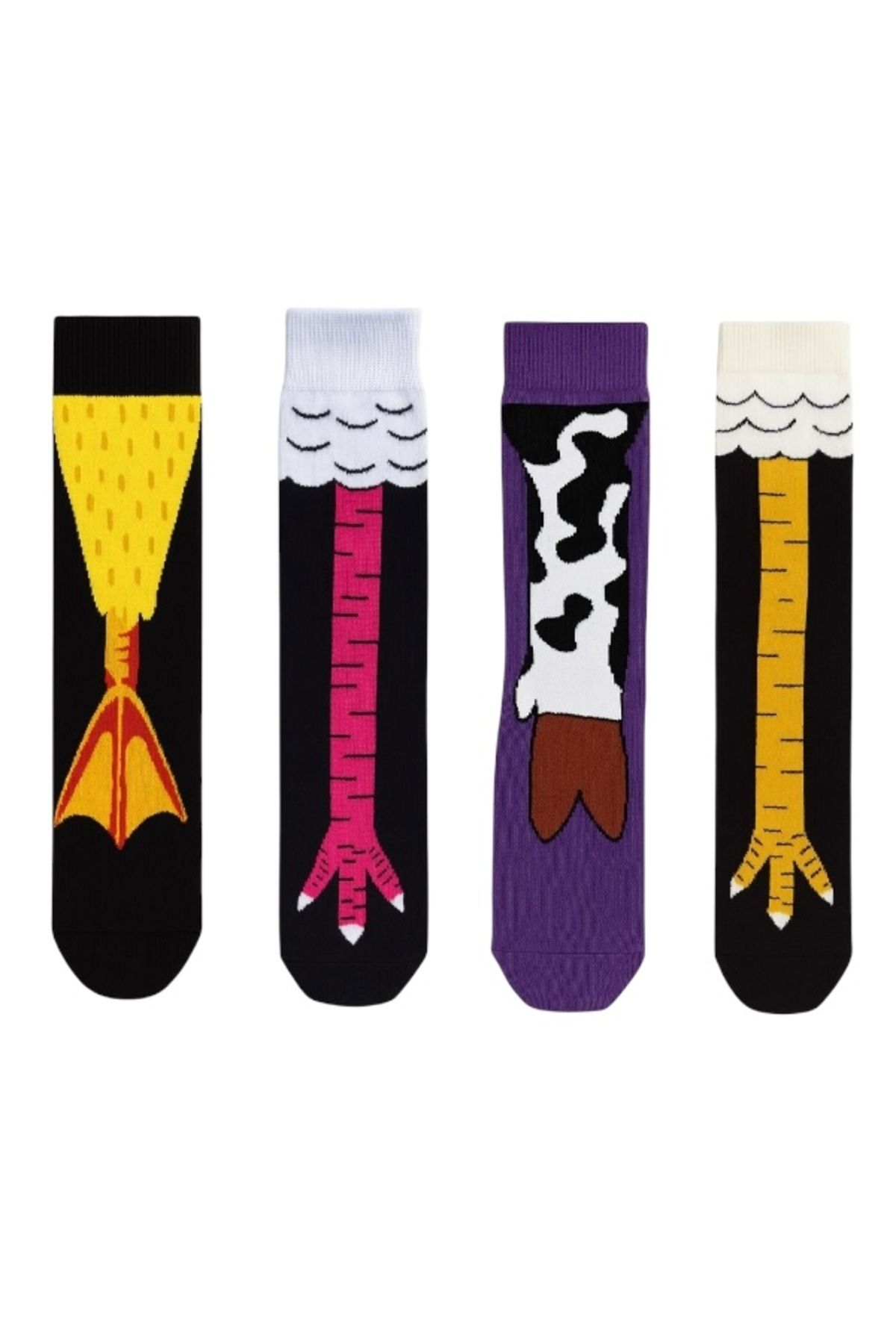 Goma Goma Socks Karakterli Figürlü 4 lü Renkli Eğlenceli Unisex Çorap Seti Tavuk İnek Flamingo Çorap Kombini