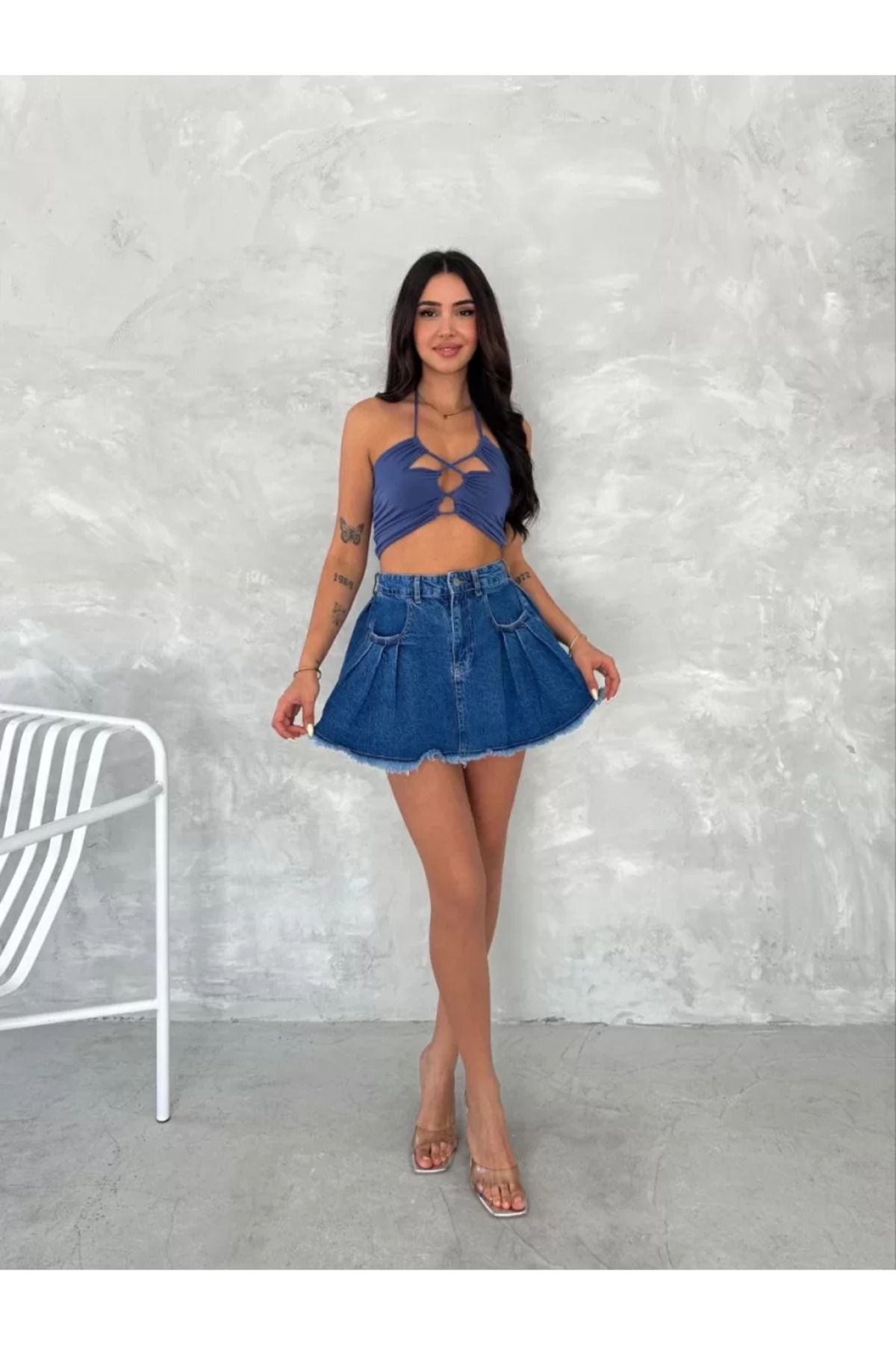Flaubert -Kadın Şık Pileli Yazlık Mini Etekli Kot- Jeans Pileli Cepli Detay Beli Biritli