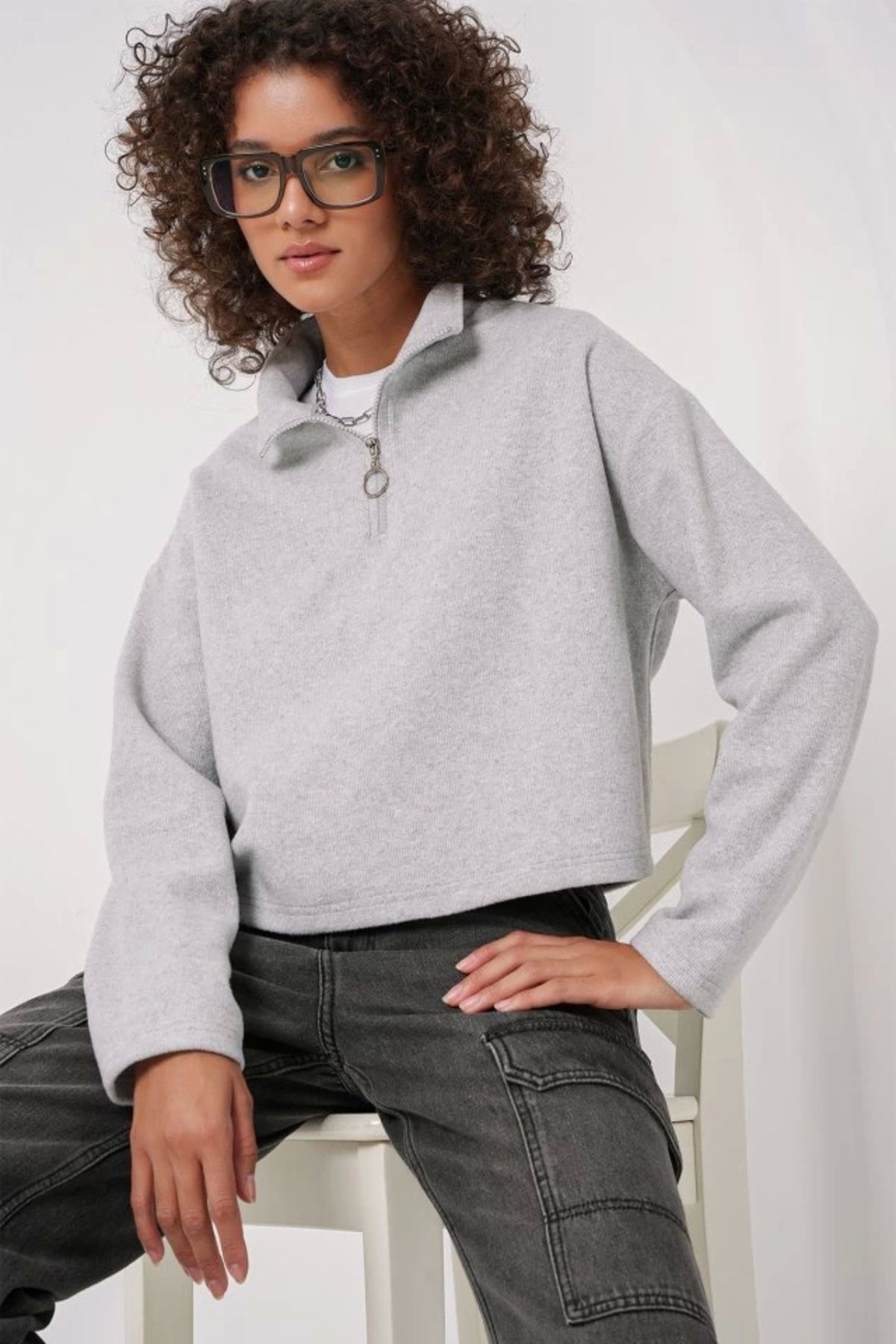 Kaplan 55449 Fermuarlı Yaka Örme Sweatshirt - Gri