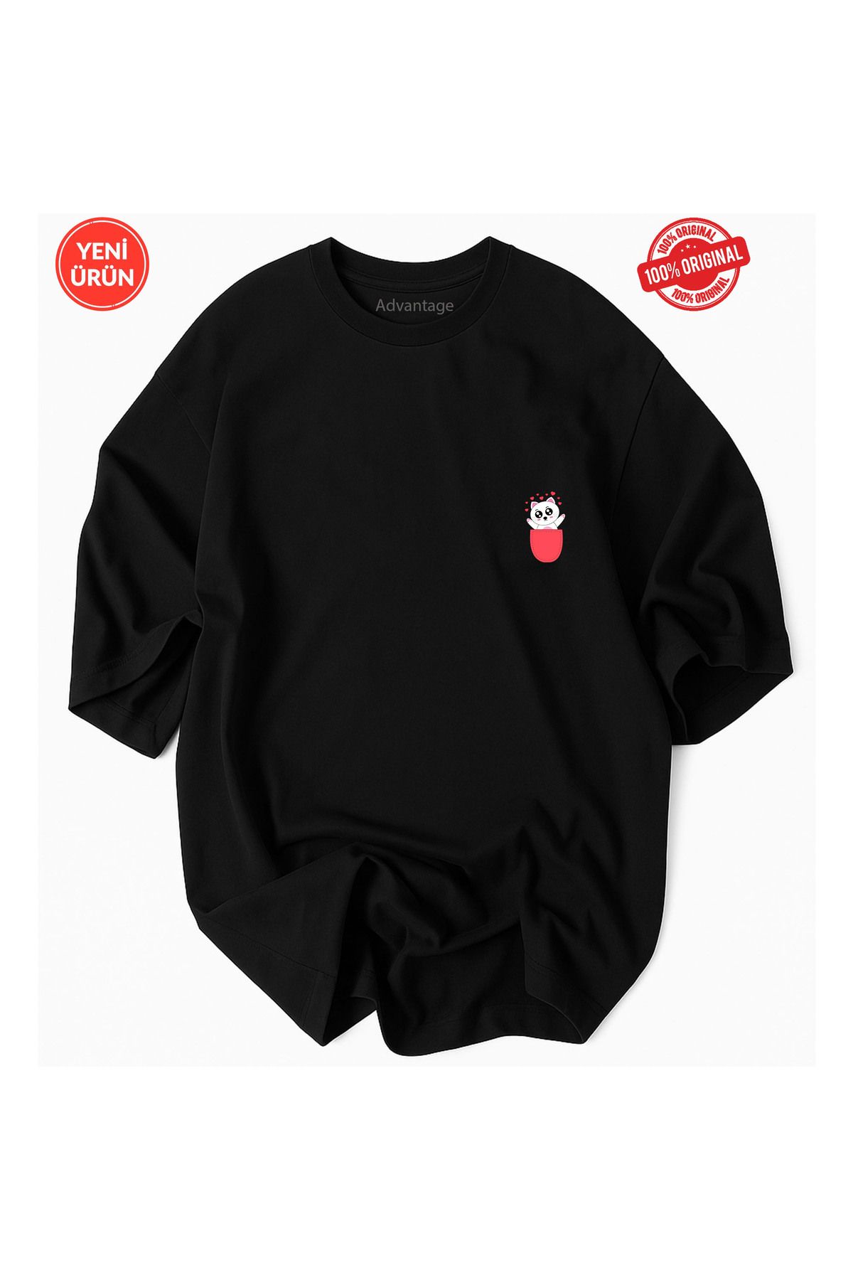 Advantage Kedi Cep Desen Baskılı %100 Pamuklu Premium T-Shirt