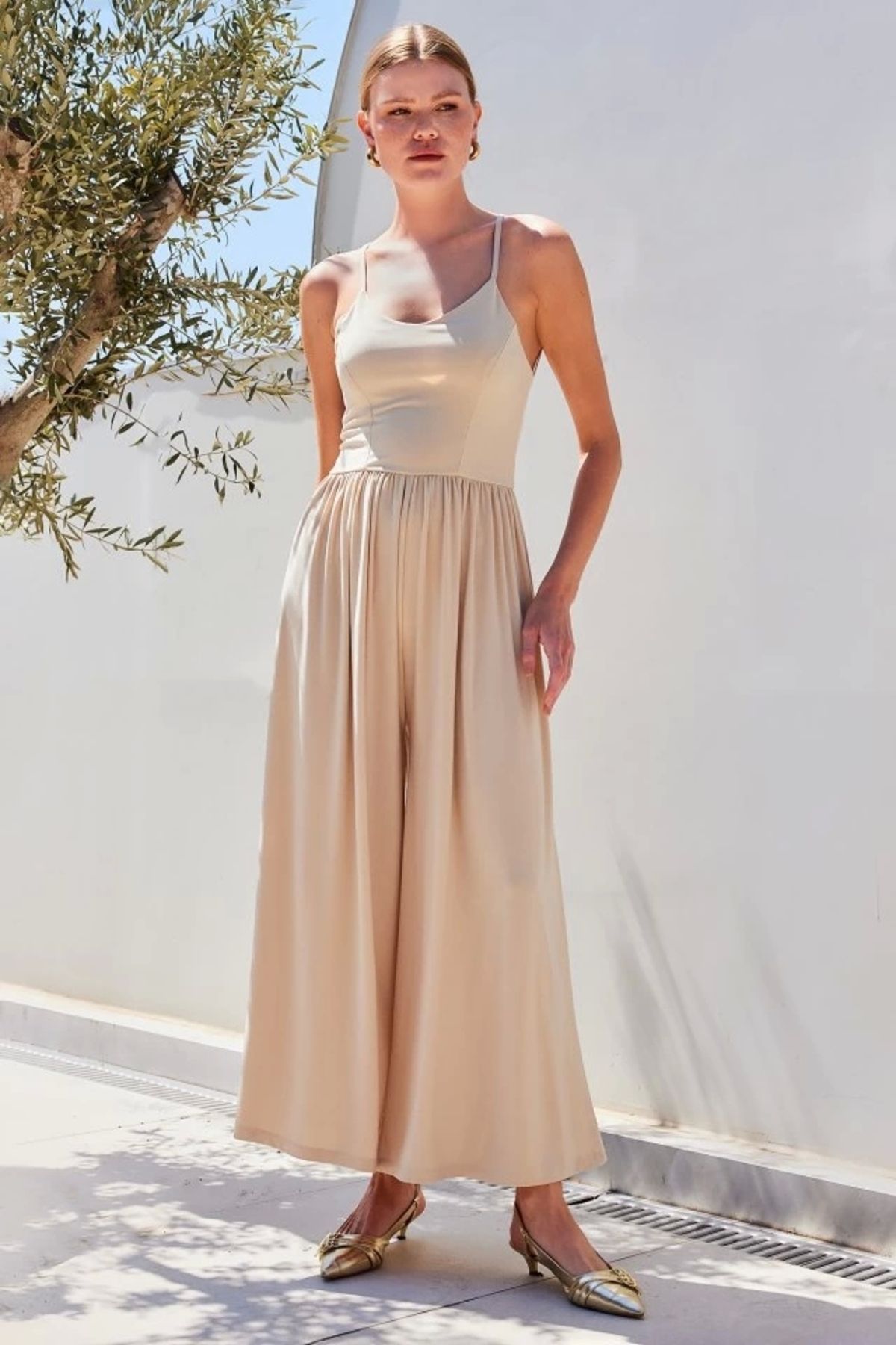 Kaplan 7029 Bol Paça Askılı Tulum - Bej