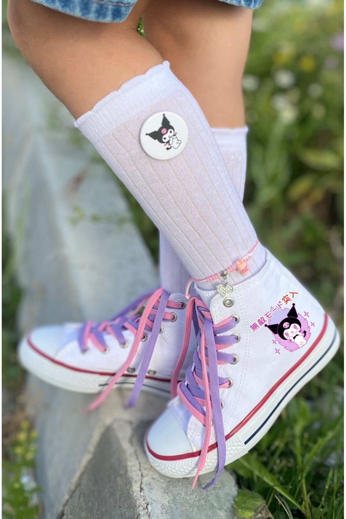 LEVENT ÖZCAN Çince Kuromi Baskılı, Lila&Pembe Bağcıklı, Beyaz Bilekli Spor Ayakkabı, Çocuk Sneaker