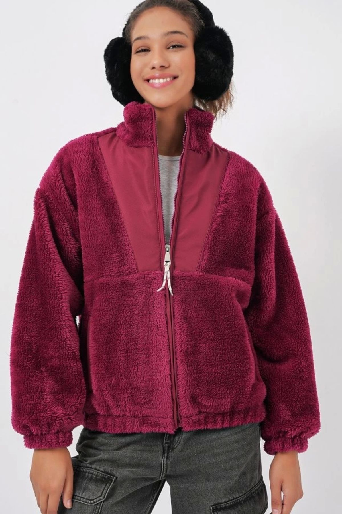 Kaplan 5194 Peluş Mont Ceket - Mürdüm