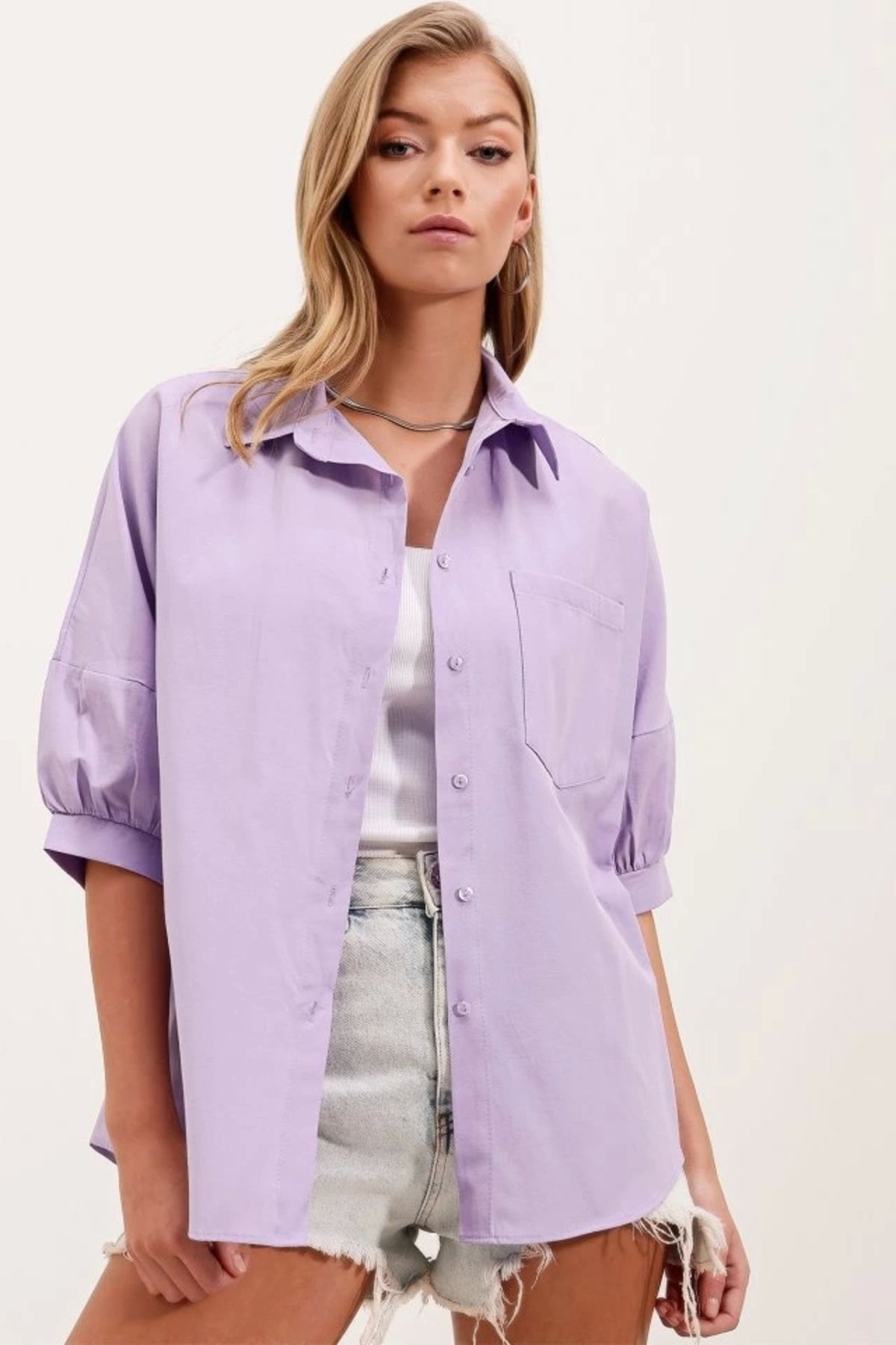 Kaplan 20213 Oversize Kısa Kol Basic Gömlek - Lila