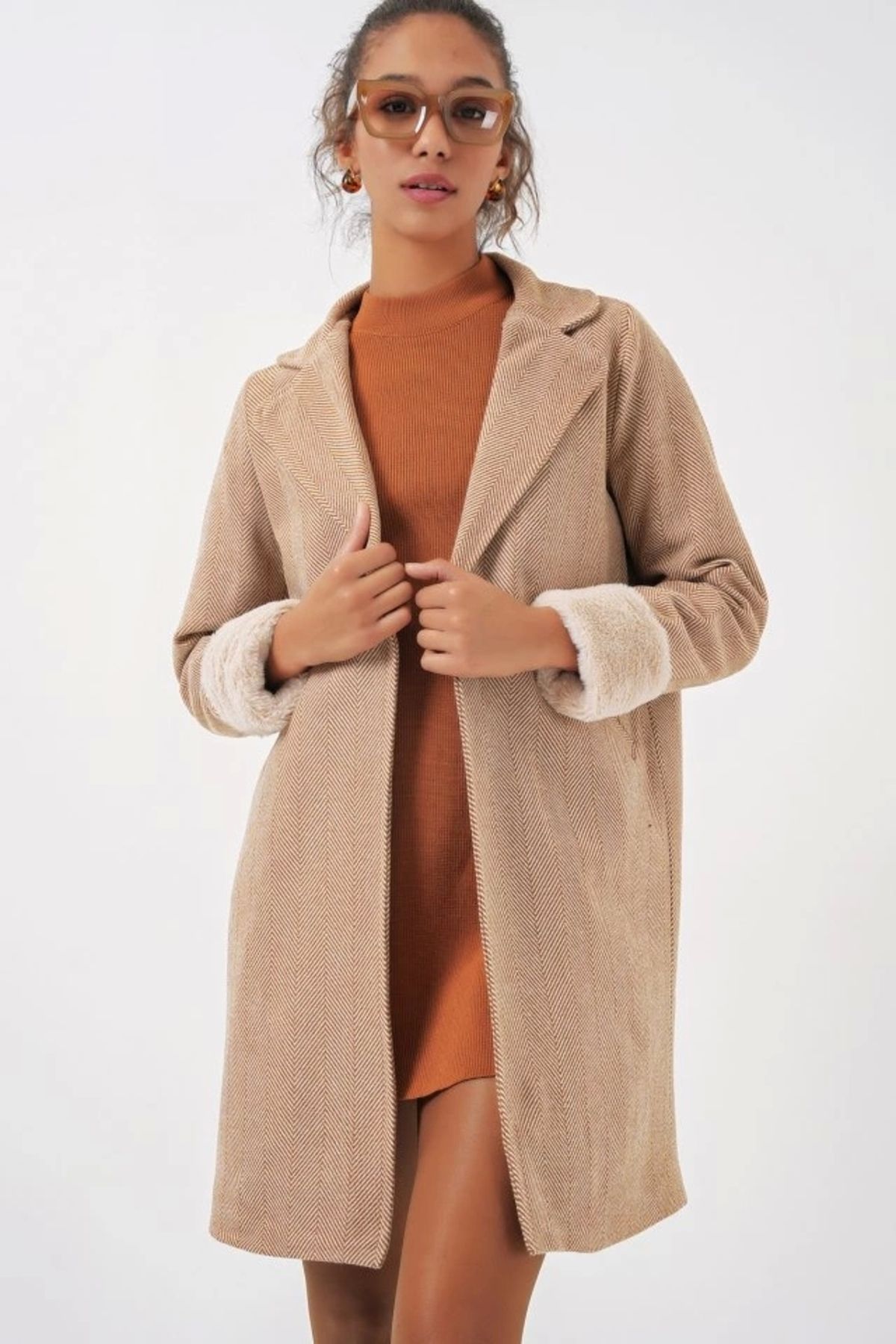 Kaplan 9085 Balık Sırtı Kaşe Kaban - Camel