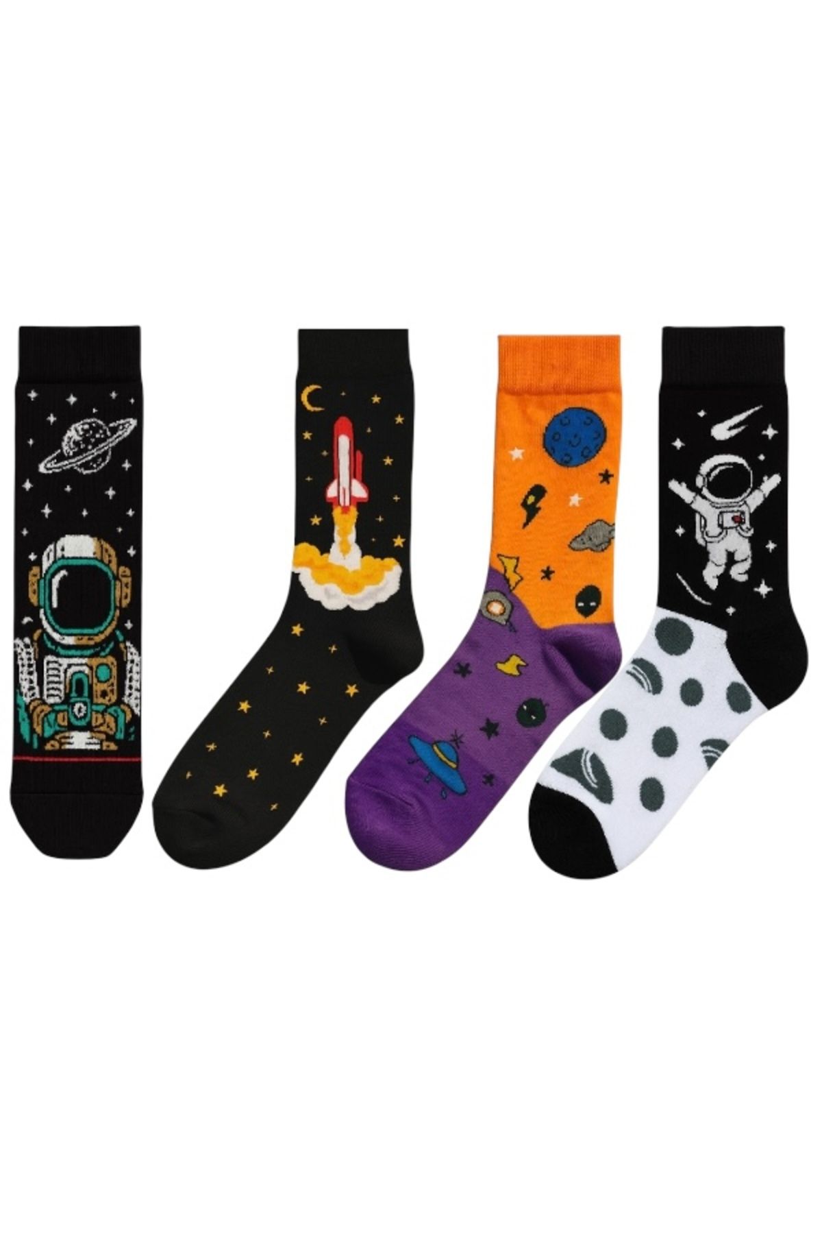 Goma Goma Socks Renkli Figürlü 4 lü Uzay Temalı Eğlenceli Unisex Çorap Seti Astronot Roket Gezegen Uzaylı Kombin
