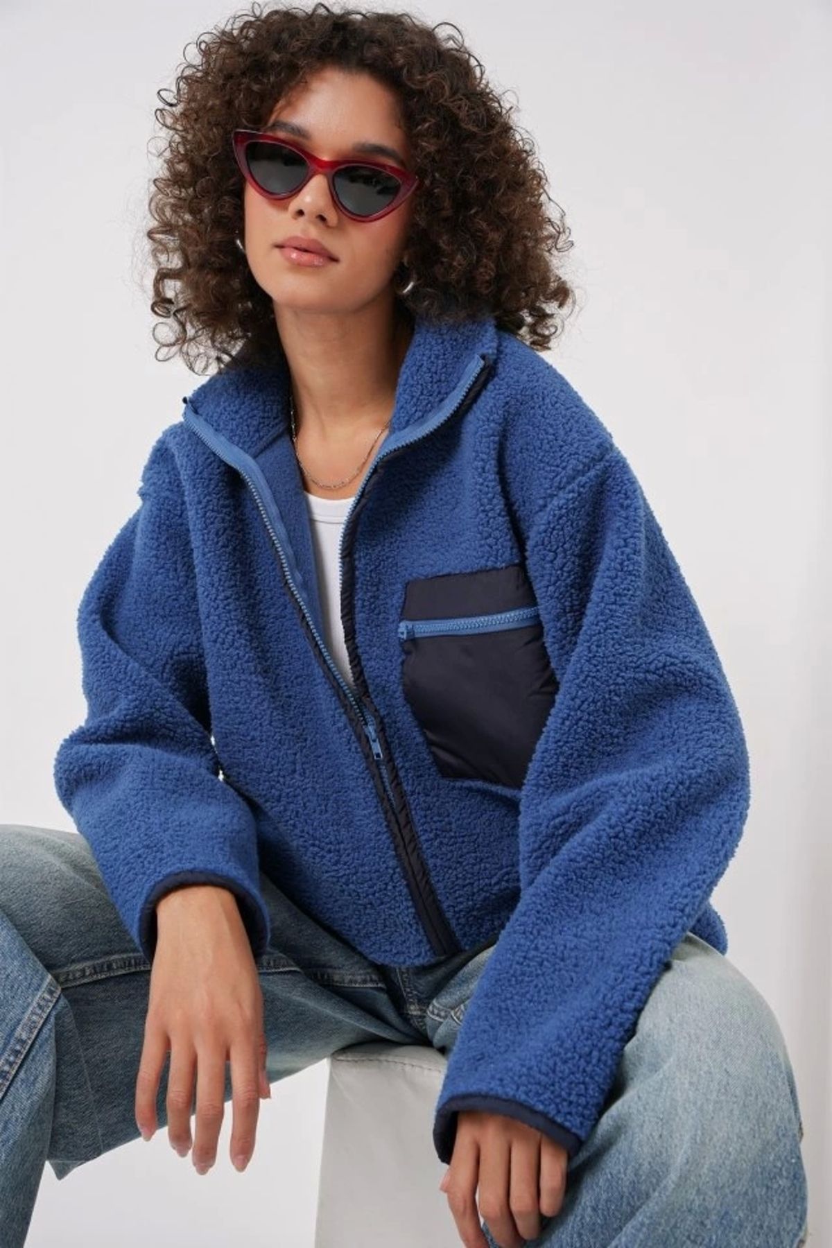 Kaplan 55446 Fermuarlı Oversize Peluş Ceket - Saks