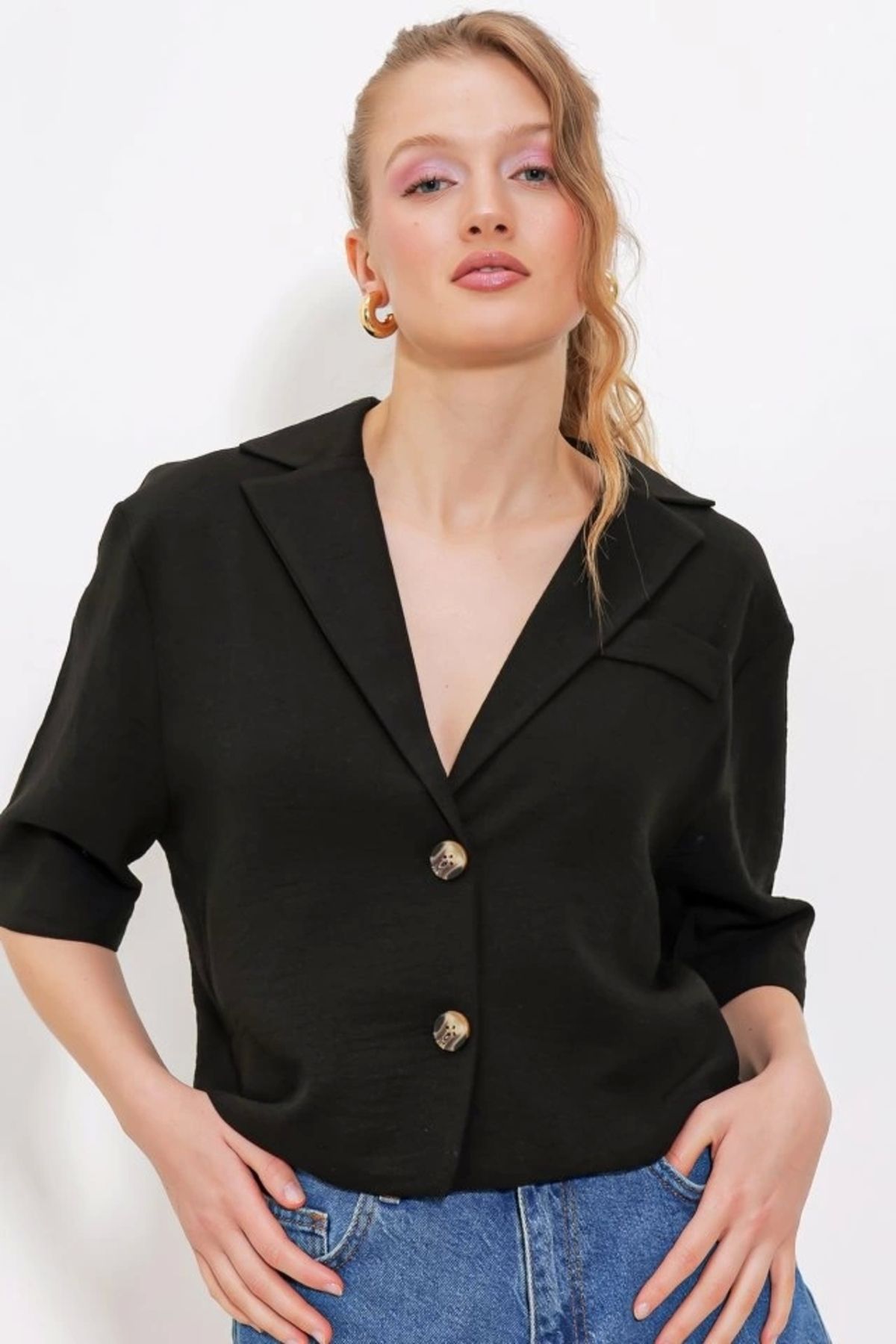 Kaplan Siyah Çift Düğmeli Oversize Crop Keten Ceket 0706