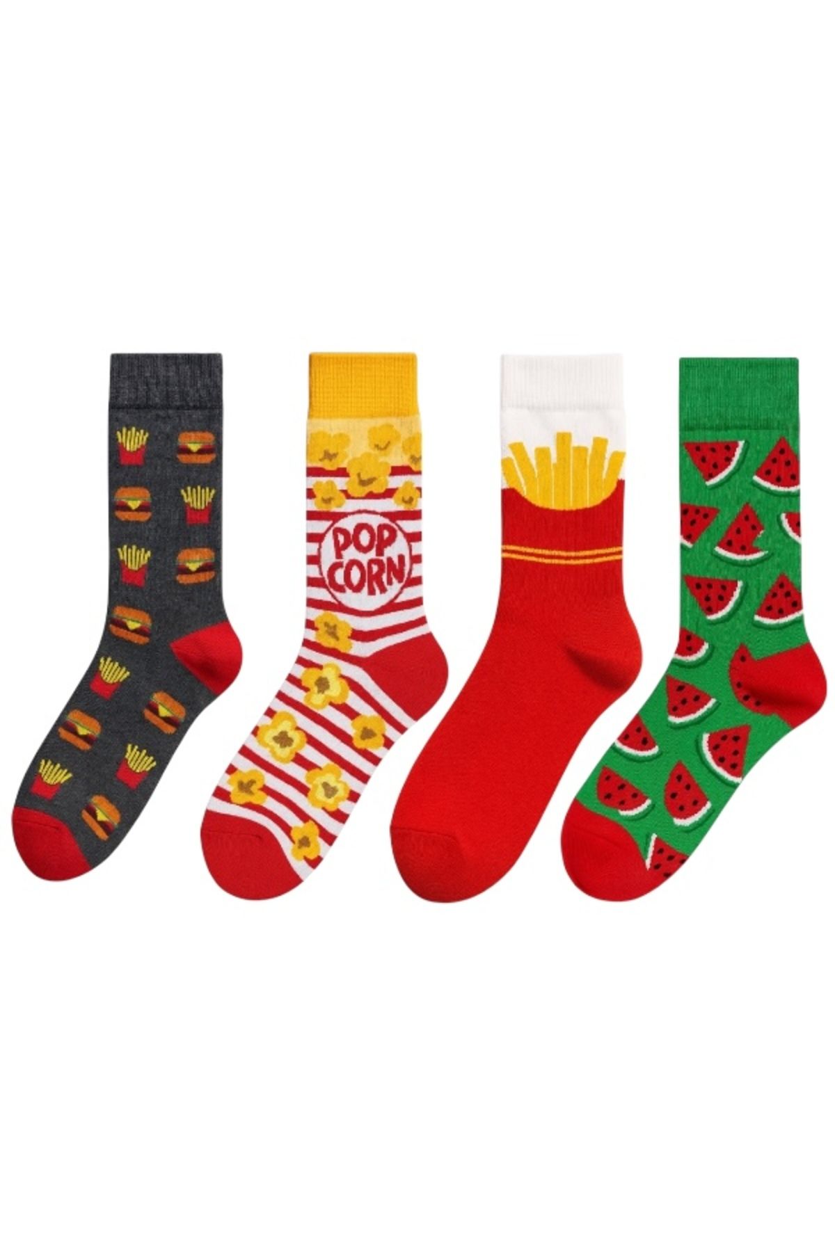 Goma Goma Socks Figürlü Desenli 4 lü Renkli Eğlenceli Unisex Çorap Seti Hamburger Patates Popcorn Karpuz Kombin
