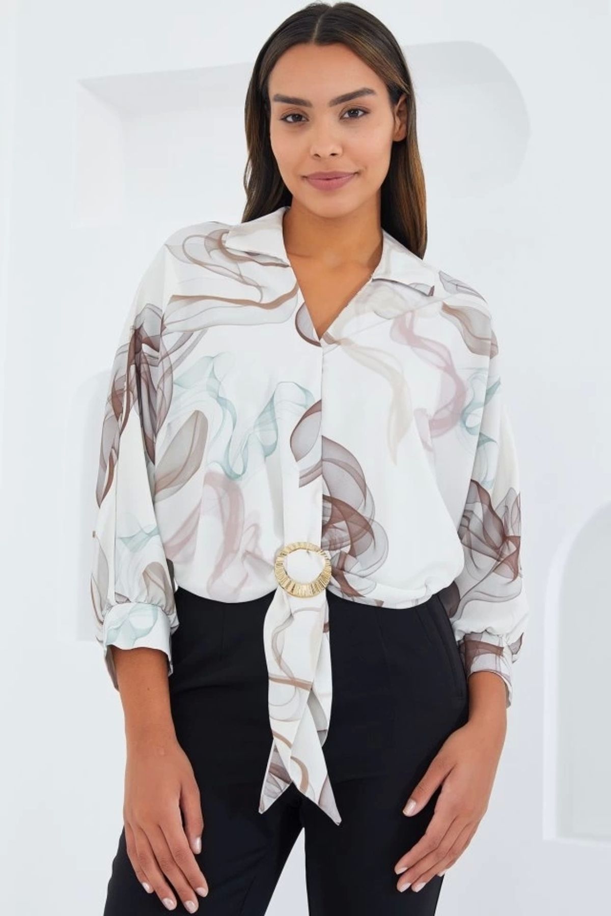 Kaplan Oversize Dökümlü Crop Saten Gömlek 906 - Kahverengi
