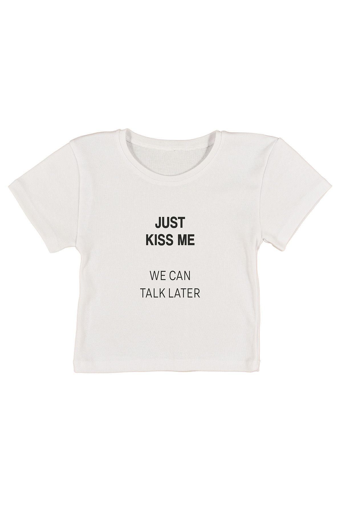 urbvn Kiss Me Baskılı Beyaz Crop Top