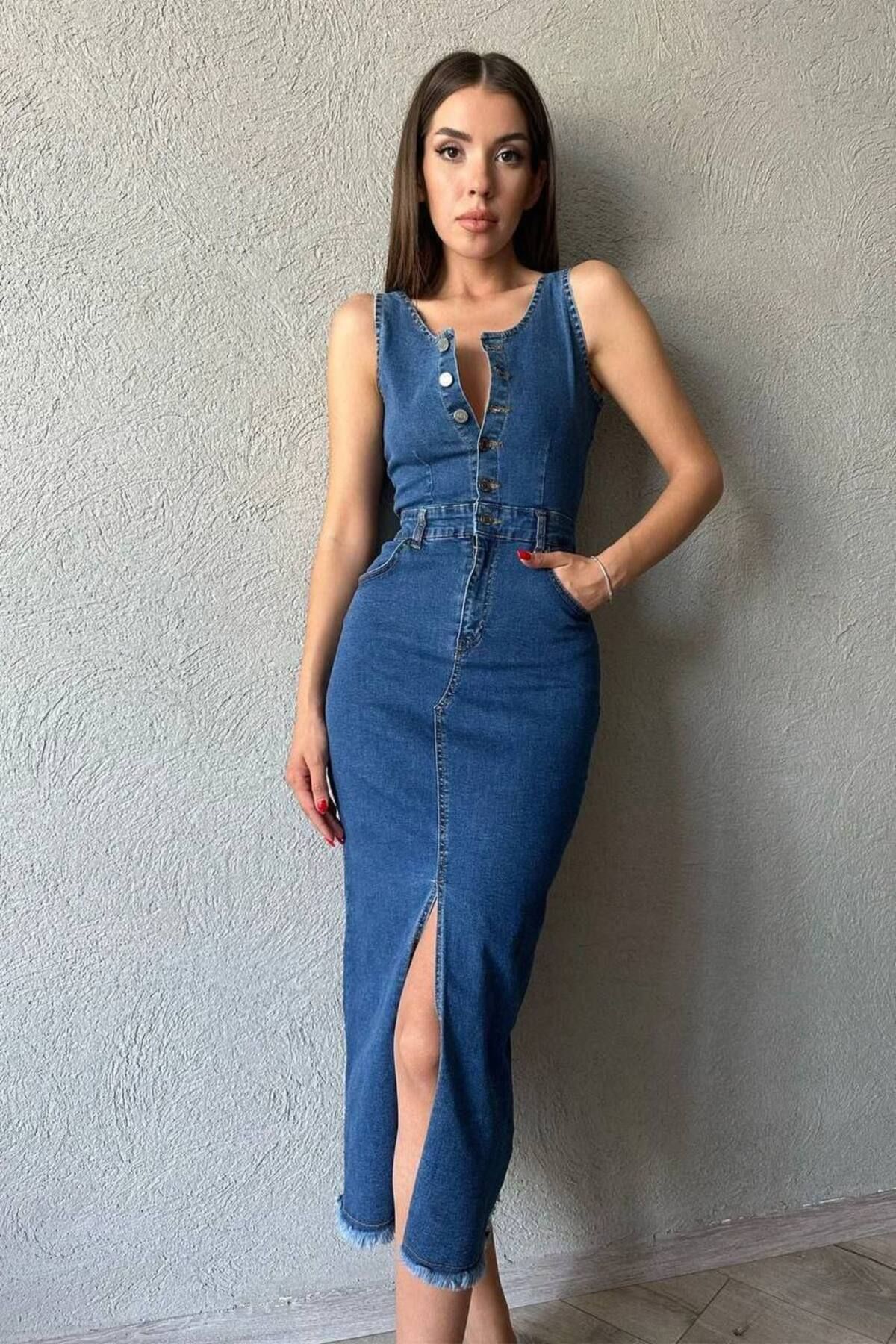 Castivo Fashion Nova Yırtmaç Detaylı Düğmeli Denim Kalem Elbise