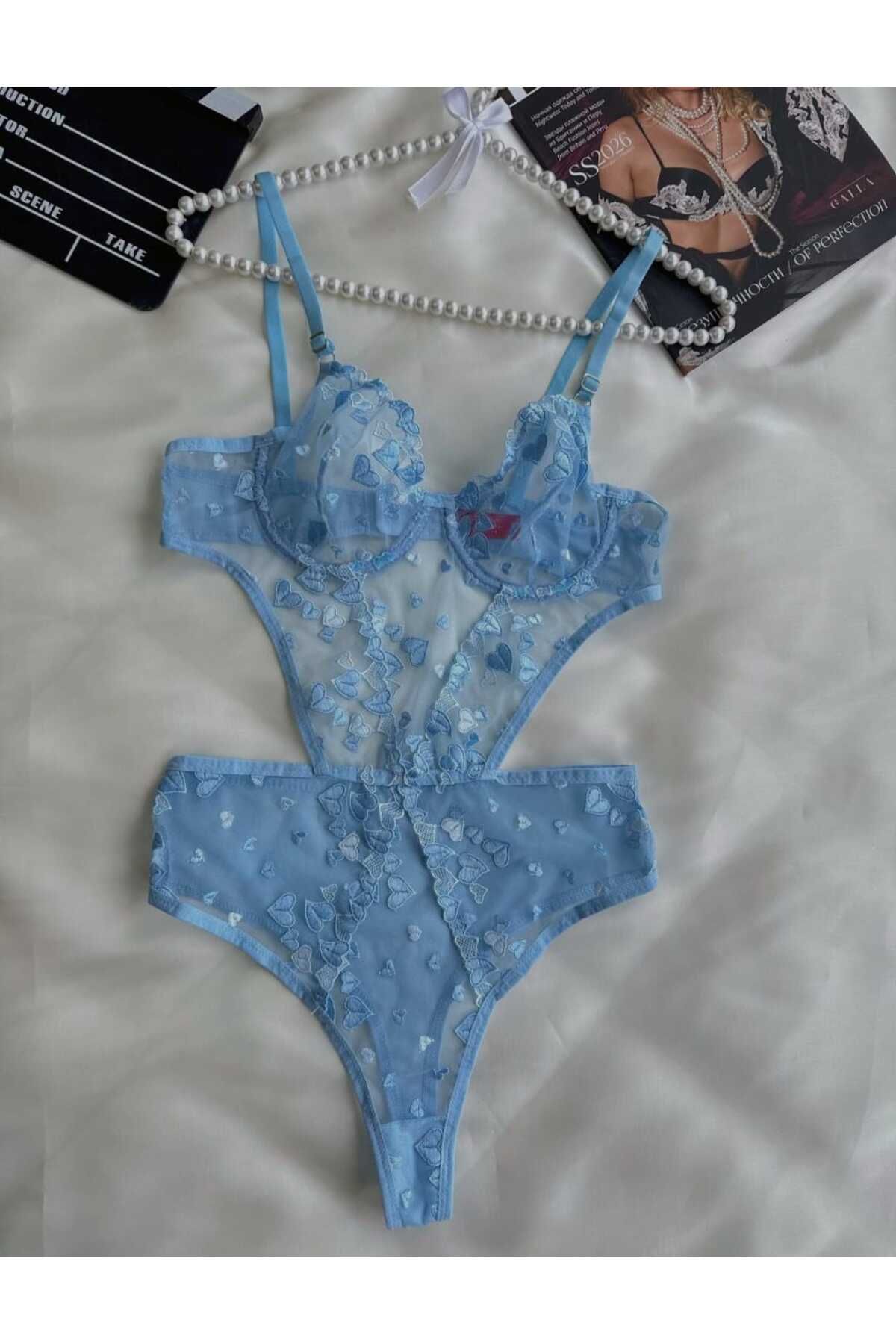 unbranded privée Heavenly Mavi Kalpli Transparan Balenli Dantelli Bodysuit