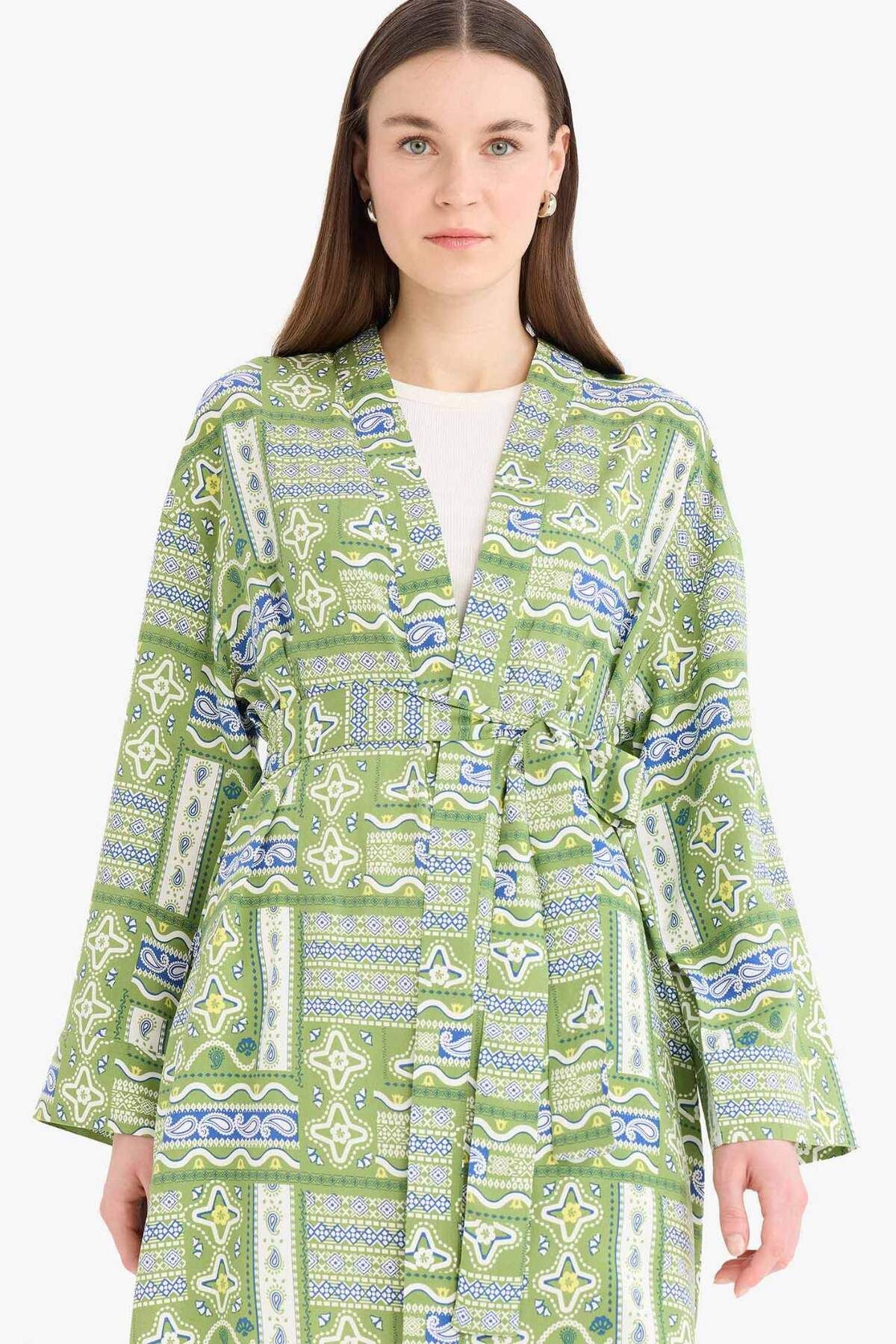 Relax Fit Bisiklet Yaka Desenli Viskon Kimono E7262AX25SM
