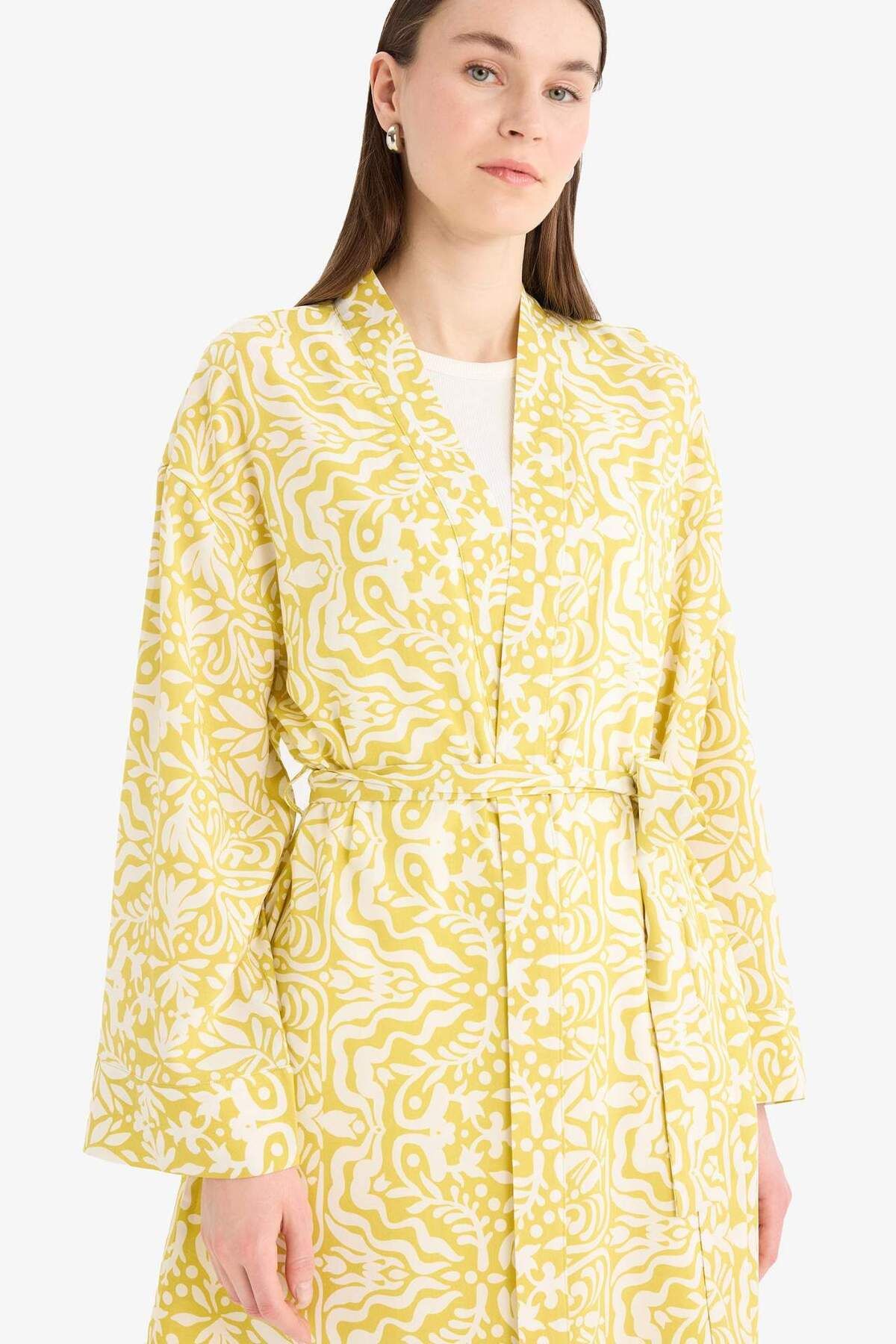 Relax Fit Bisiklet Yaka Desenli Viskon Kimono E7262AX25SM