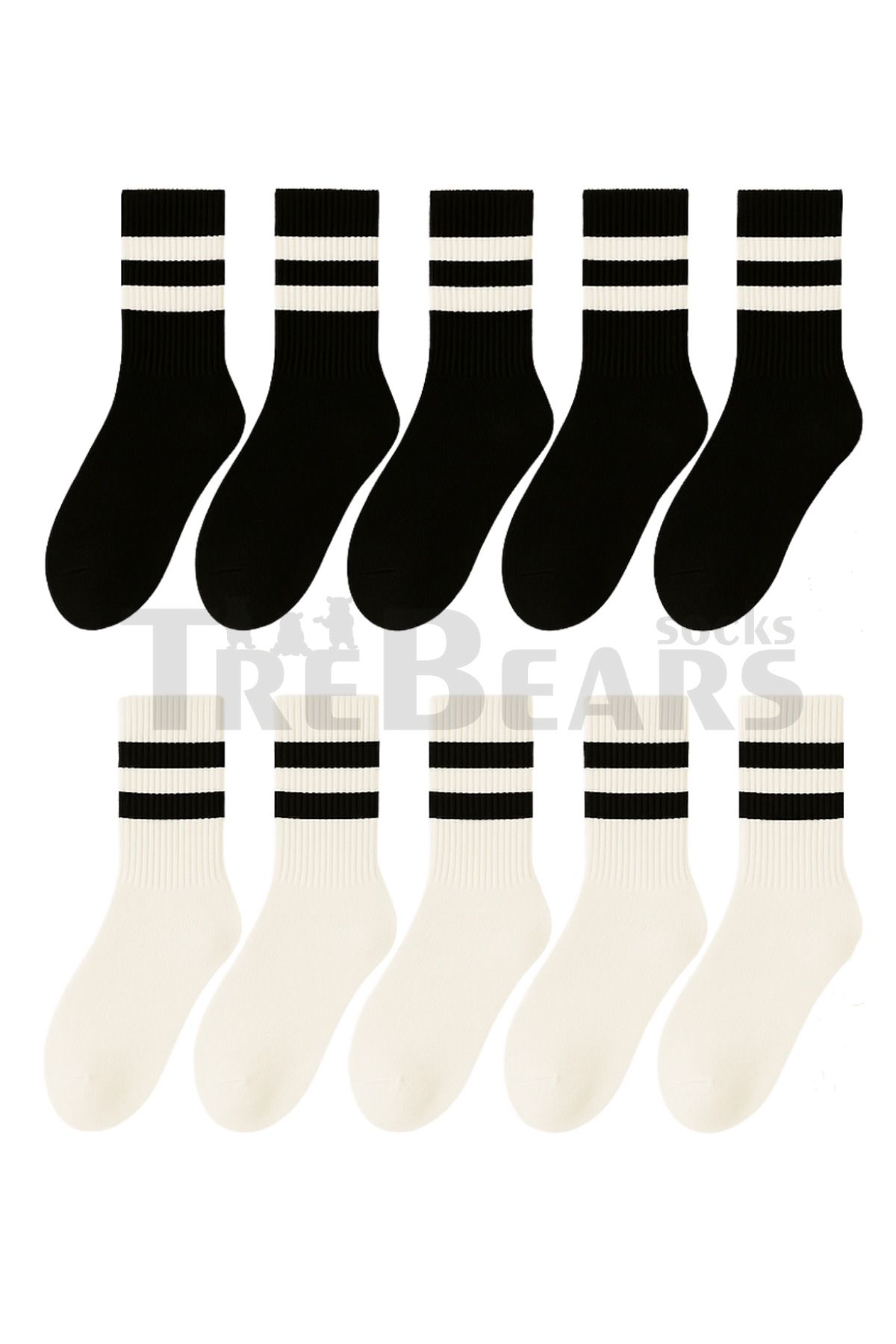 TreBears 10'lu Şeritli Tenis Çorap Seti – Unisex Spor Tarz