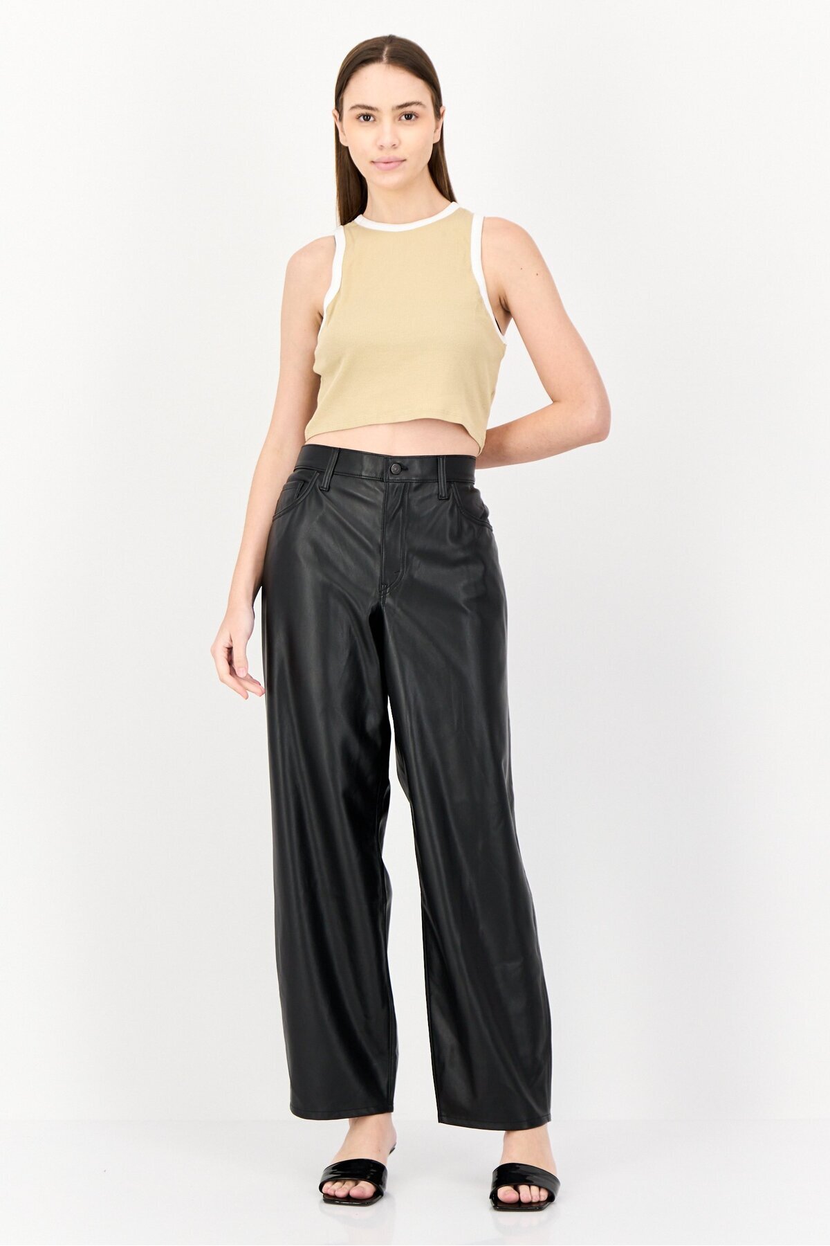 Levi's-Women Regular Fit Solid Faux Leather Straght Leg Pants, Black 4