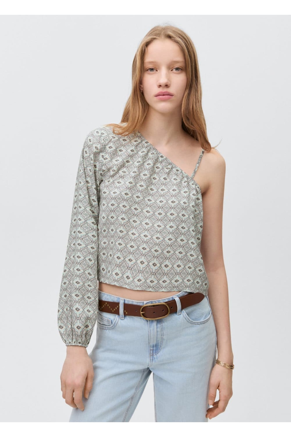 Desenli asimetrik bluz