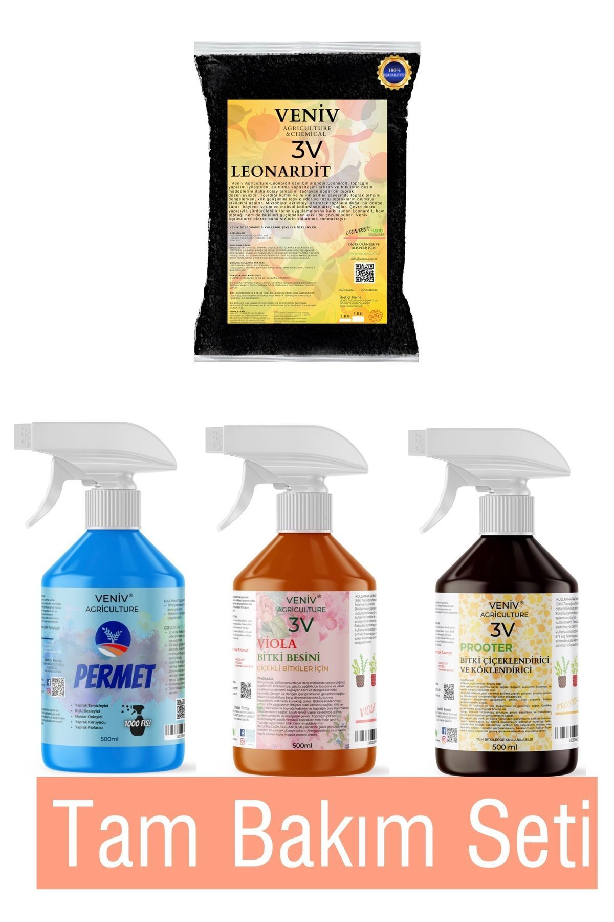 VENİV AGRİCULTURE 4'lü Evde Bitki Yetiştirme Seti Köklendirme+Koruma+Bitki Besini+Leonardit 1 kg +Viola+Prooter+Perme