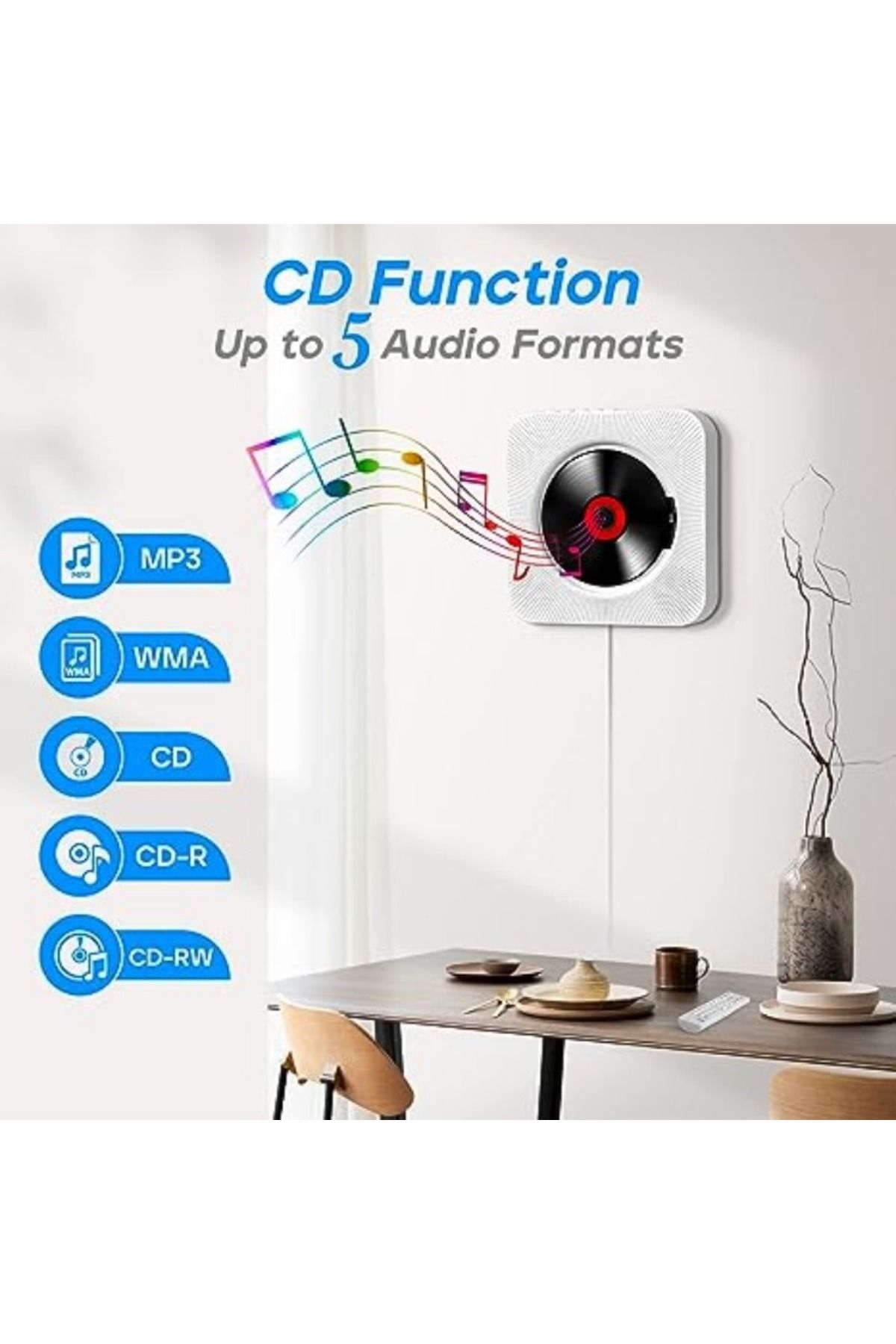 Choice-WHITE Qoosea Wall Mounted CD Player with LCD Screen, Home Infrared Remote Control, Support for CD/Bl 4