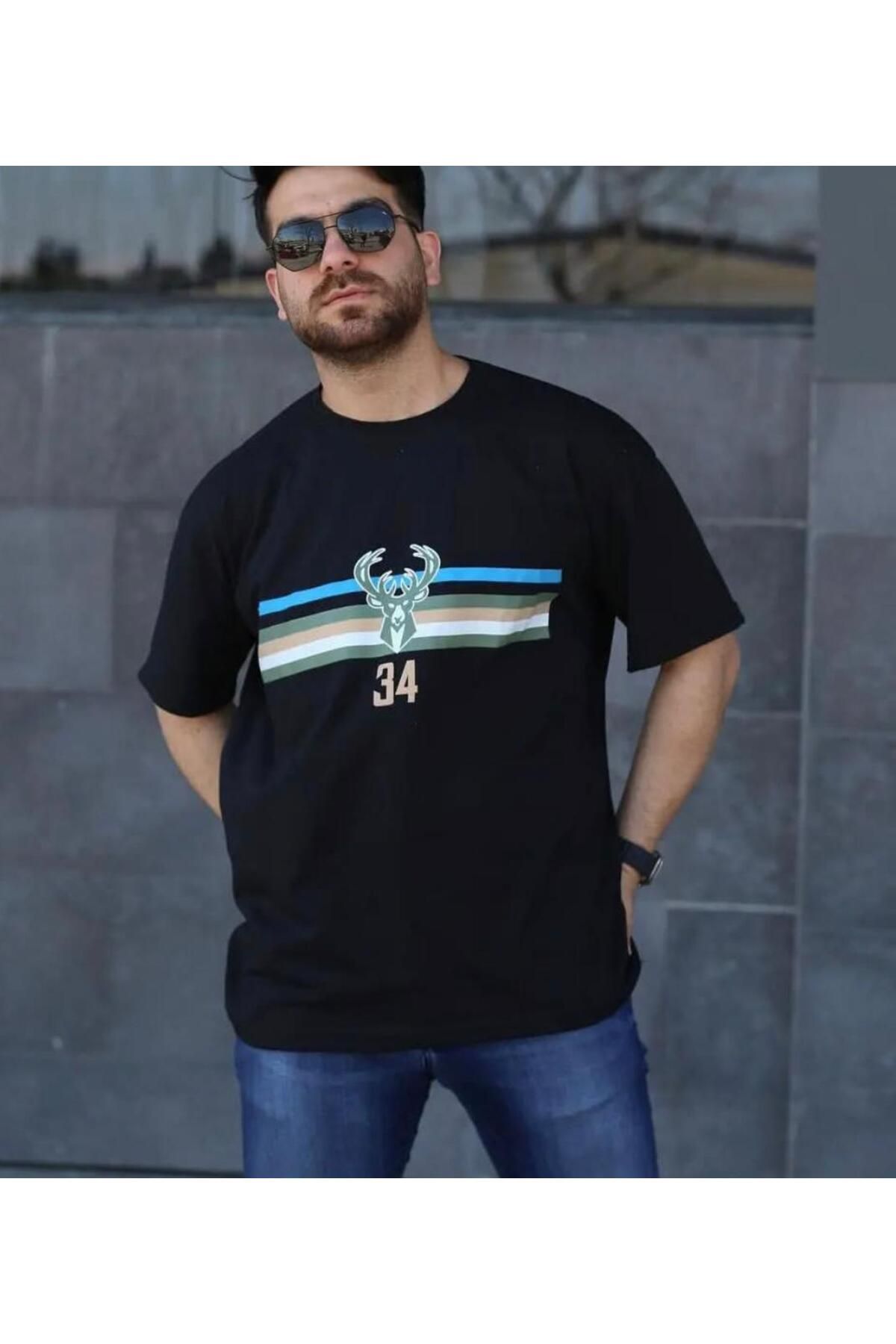 bzh siyah geyik desenli t-shirt bisiklet yaka yazlık