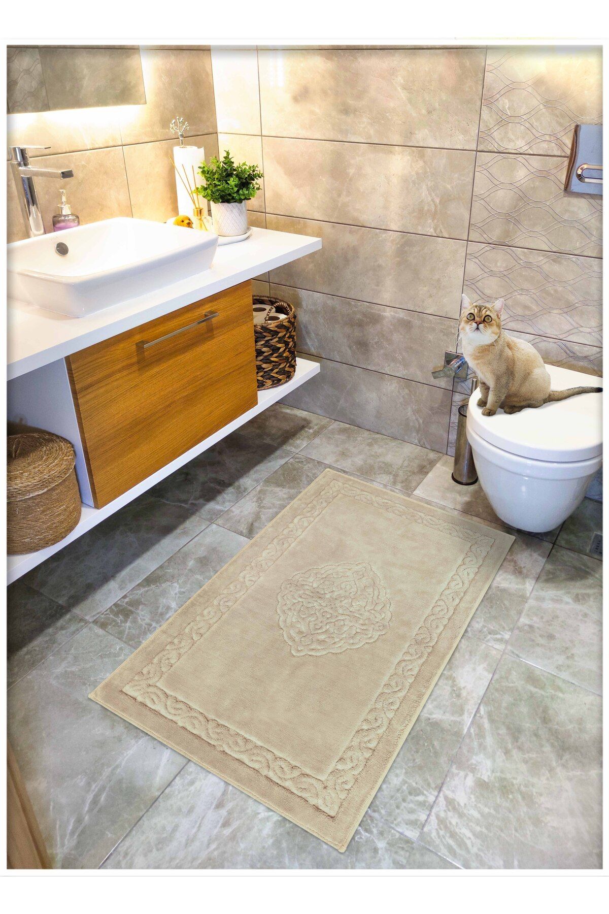 CottonCrafty Pamuk Dokuma Su Emici Banyo Paspası, Banyo Halısı Victoria 70 X 120 Cm Bej