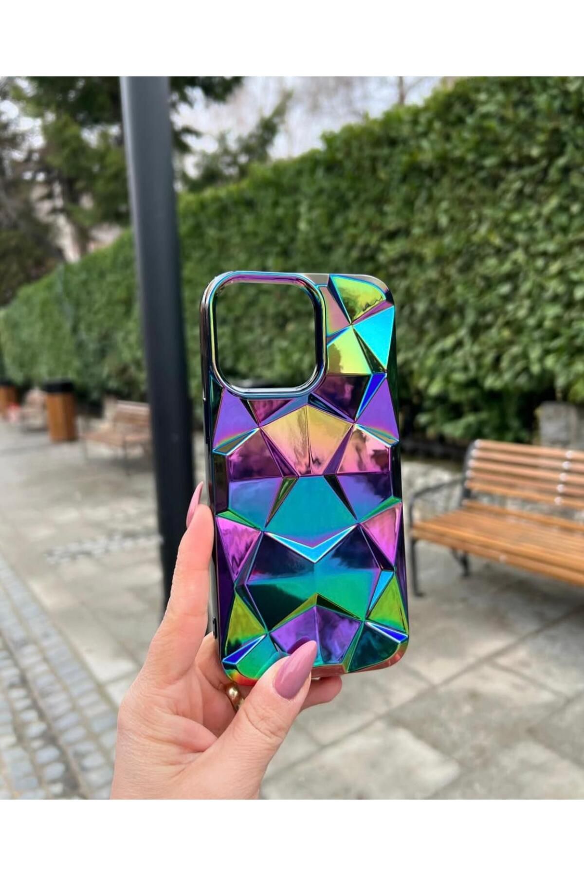 Stone Apple İphone 13 Pro Uyumlu 3D Prizma Şık Desen Hologram Çok Renkli Esnek Silikon Kılıf