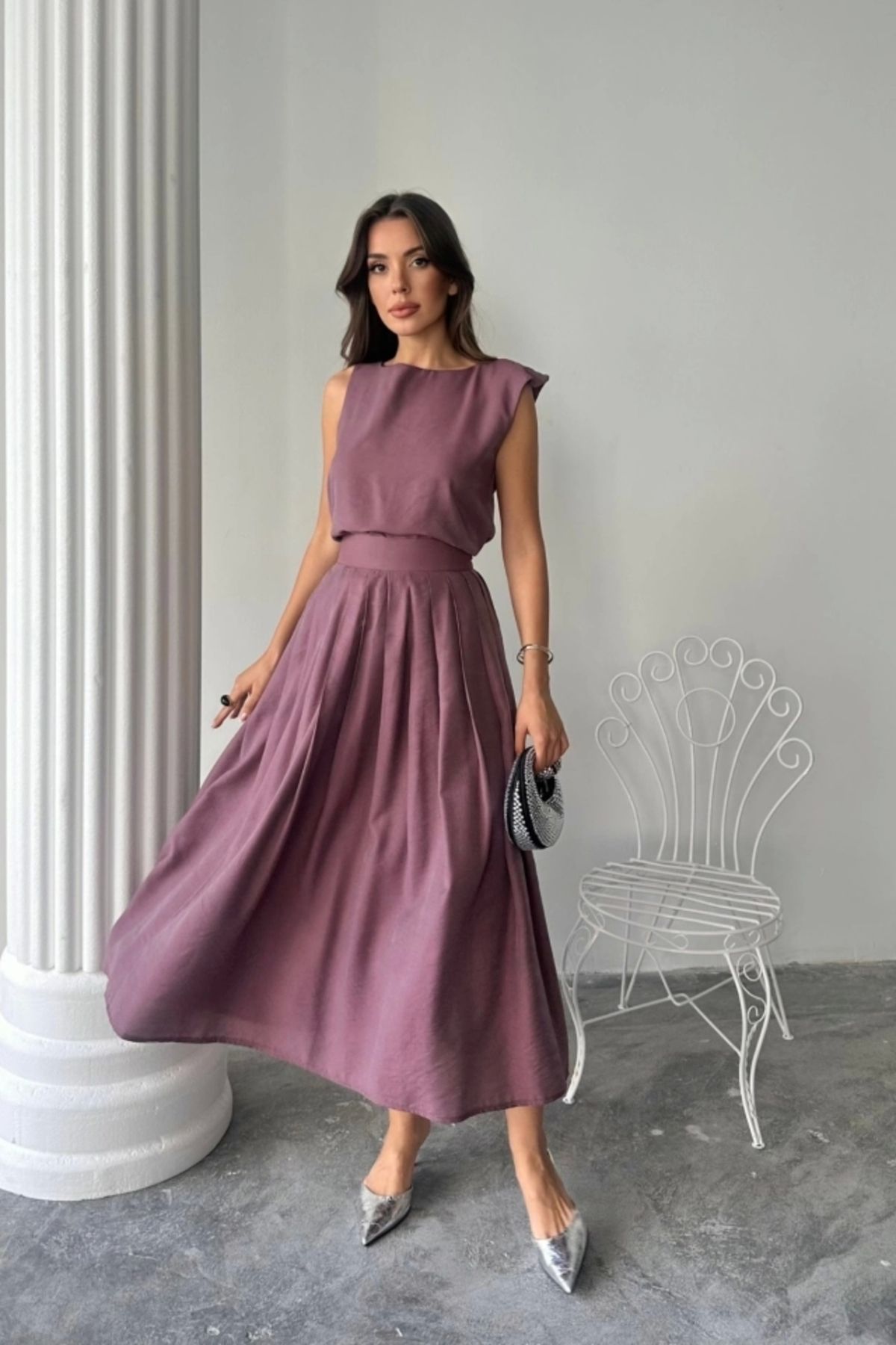Butik KETEN KOLSUZ BLUZ - MAXİ ETEK TAKIM - Mor
