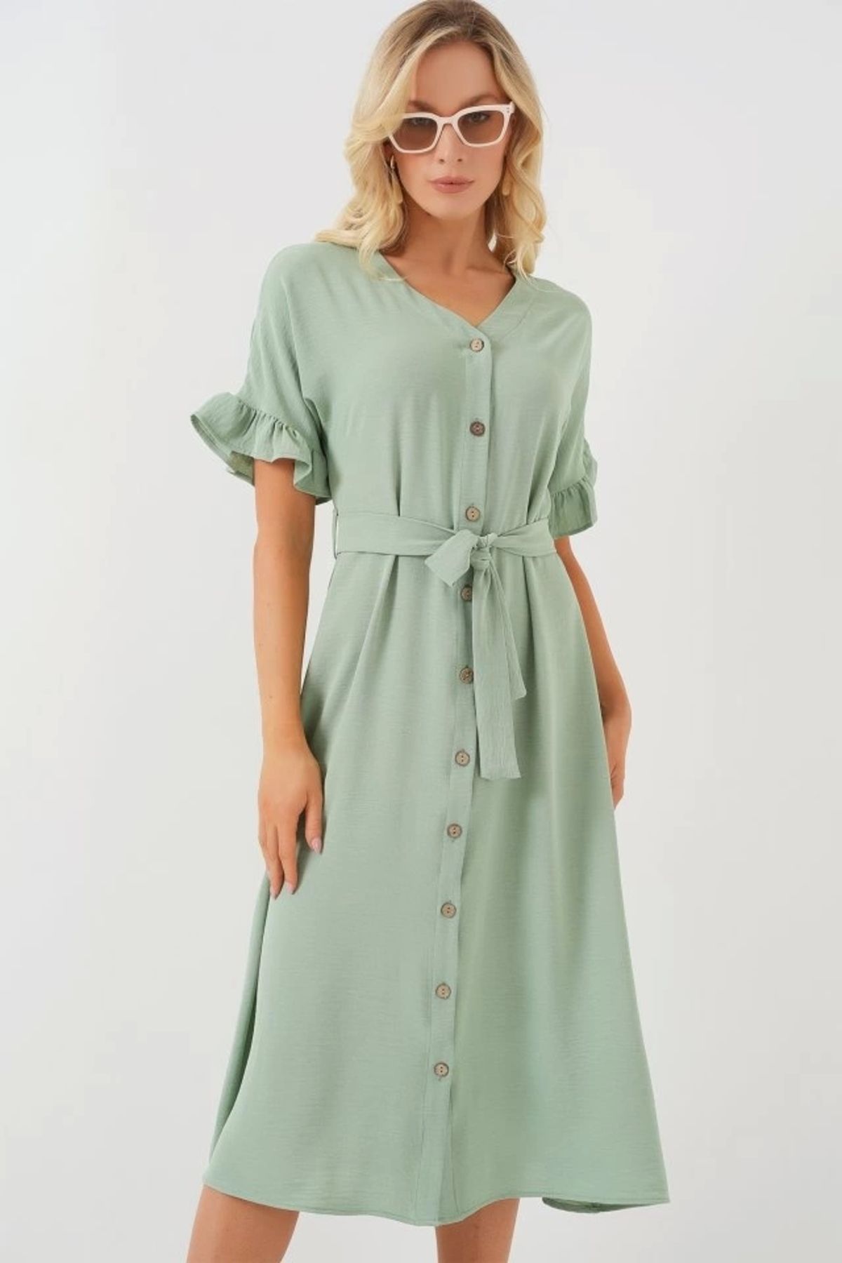 Butik Kısa Kol Düğmeli Elbise 2555 - Mint
