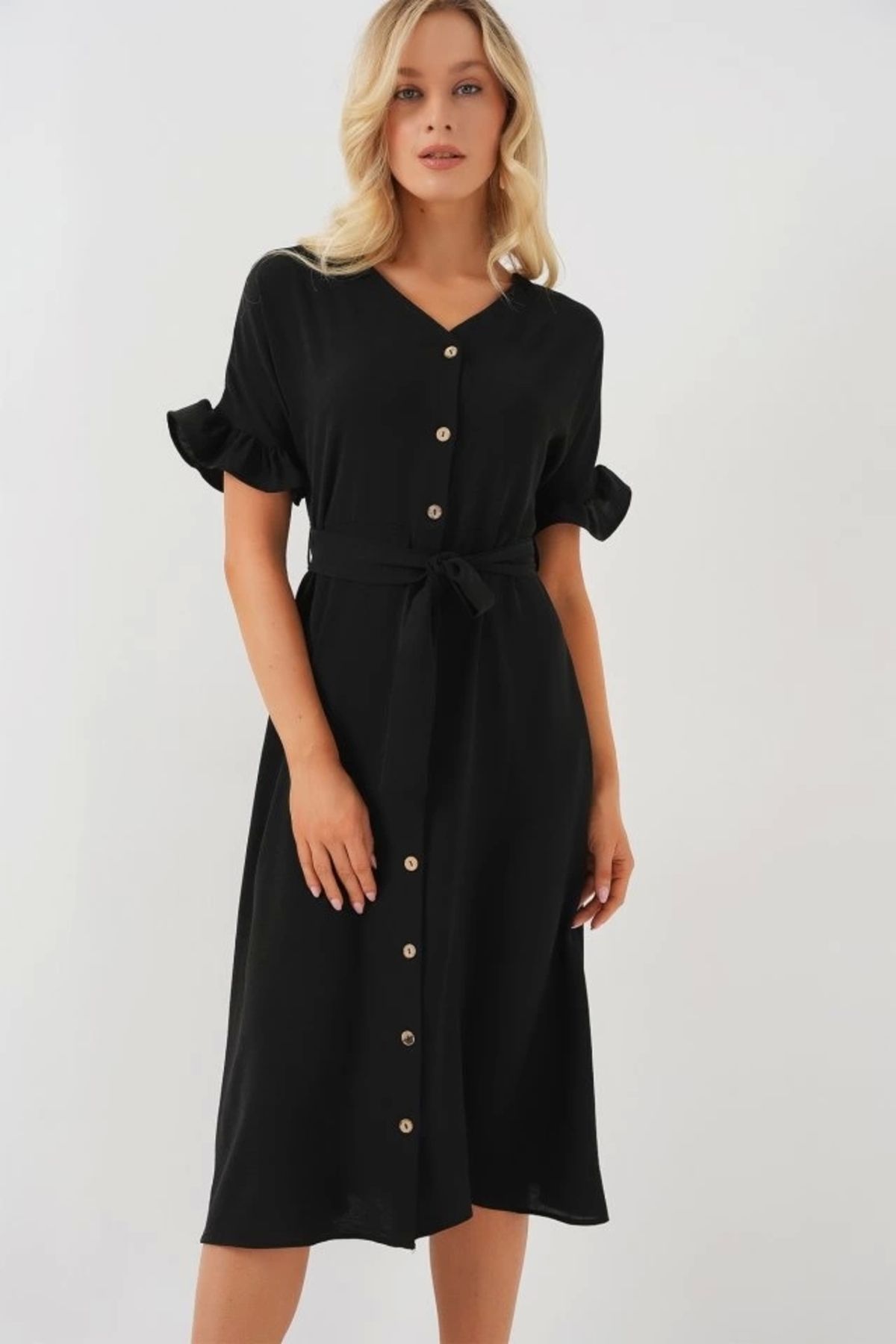Butik Kısa Kol Düğmeli Elbise 2555 - Siyah