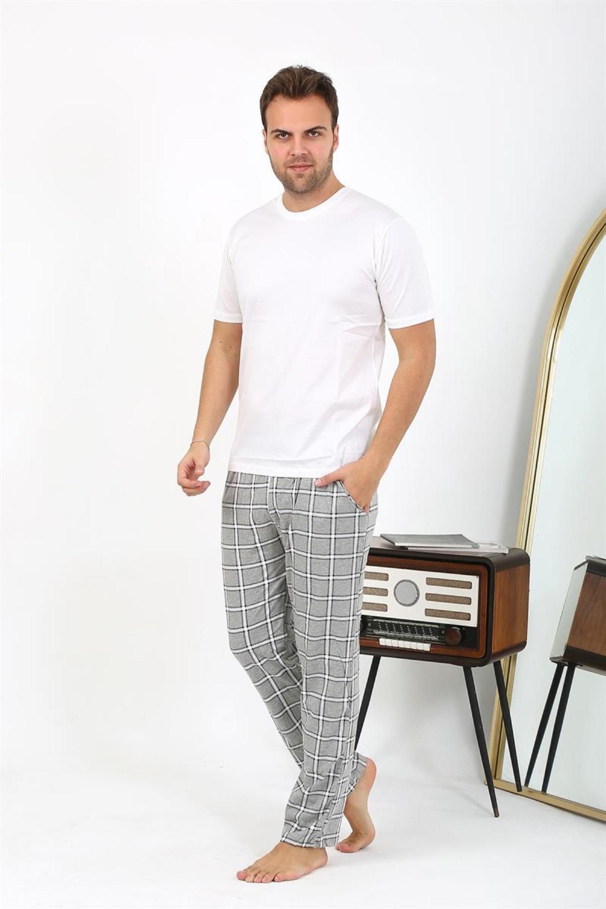 Celira Erkek Ekoseli Desen Penye Tek Alt Pijama 27540 Gri