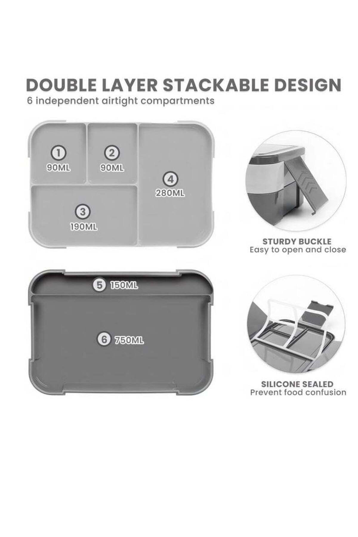 COOYA-1550ml portable double layer lunch box, stackable, airtight and leakproof, 6 compartments, gray 3