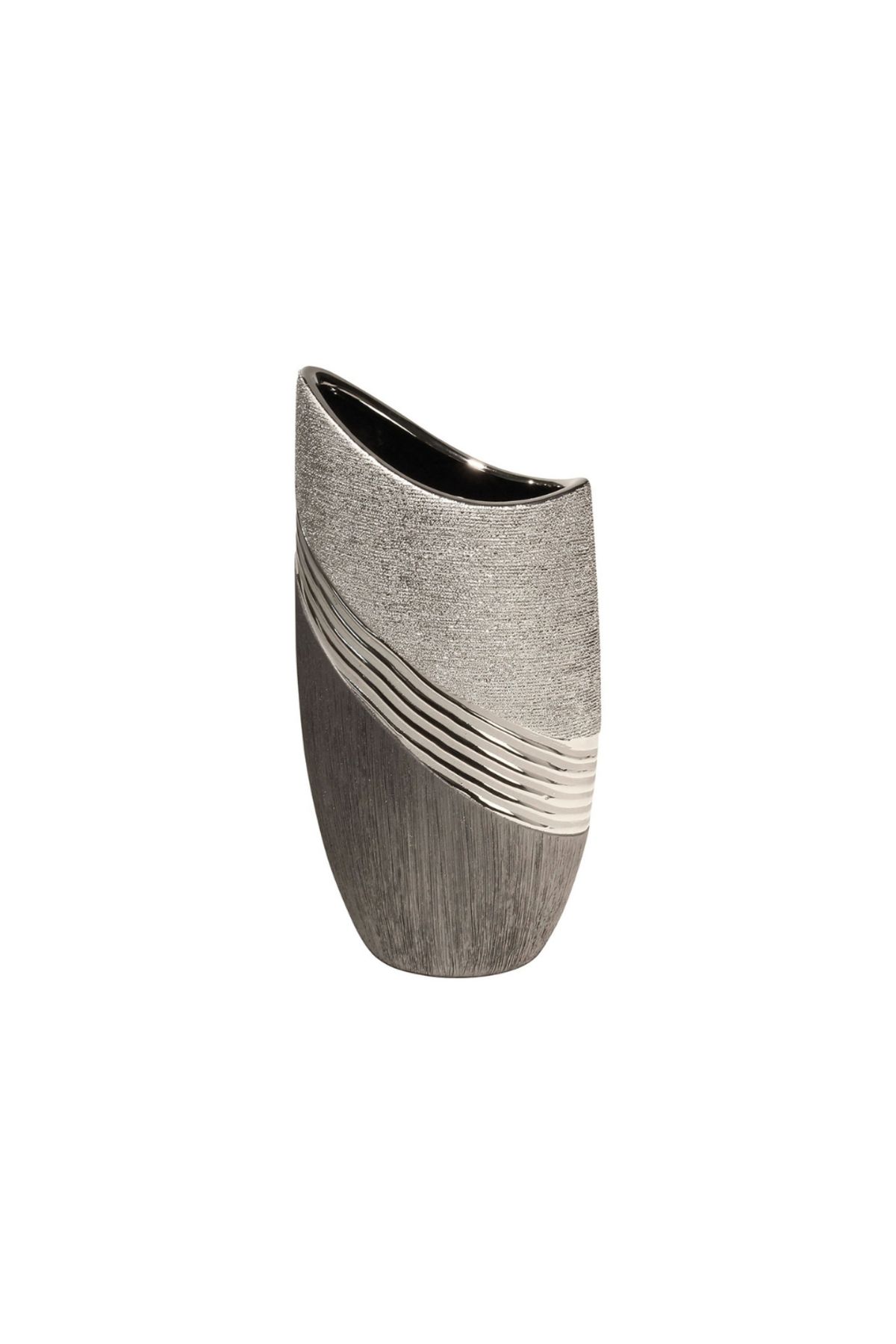 Gilde Gılde Vazo Çizgili Seramik Gri Gümüş Renkli L.8 Cm W.15 Cm H.30 Cm