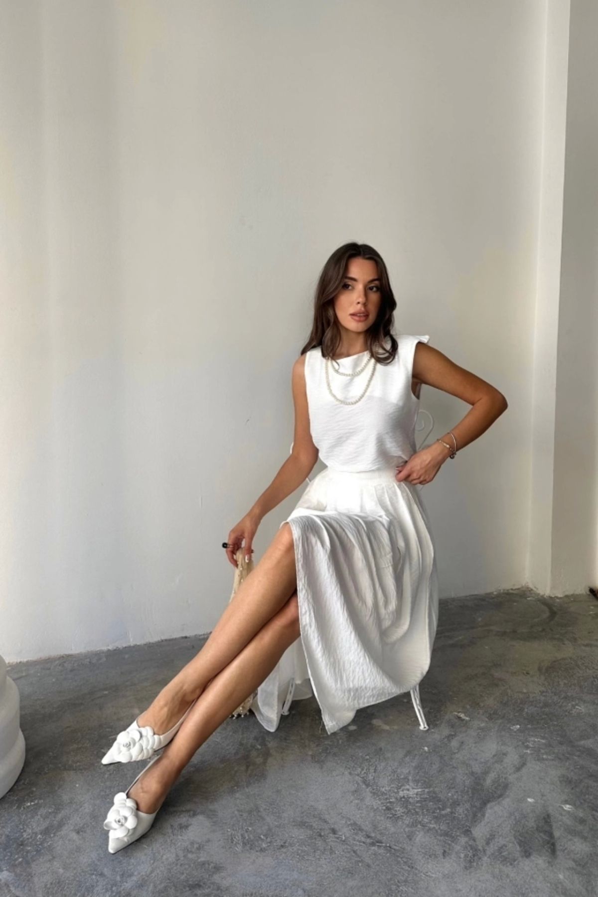 Butik KETEN KOLSUZ BLUZ - MAXİ ETEK TAKIM - Beyaz